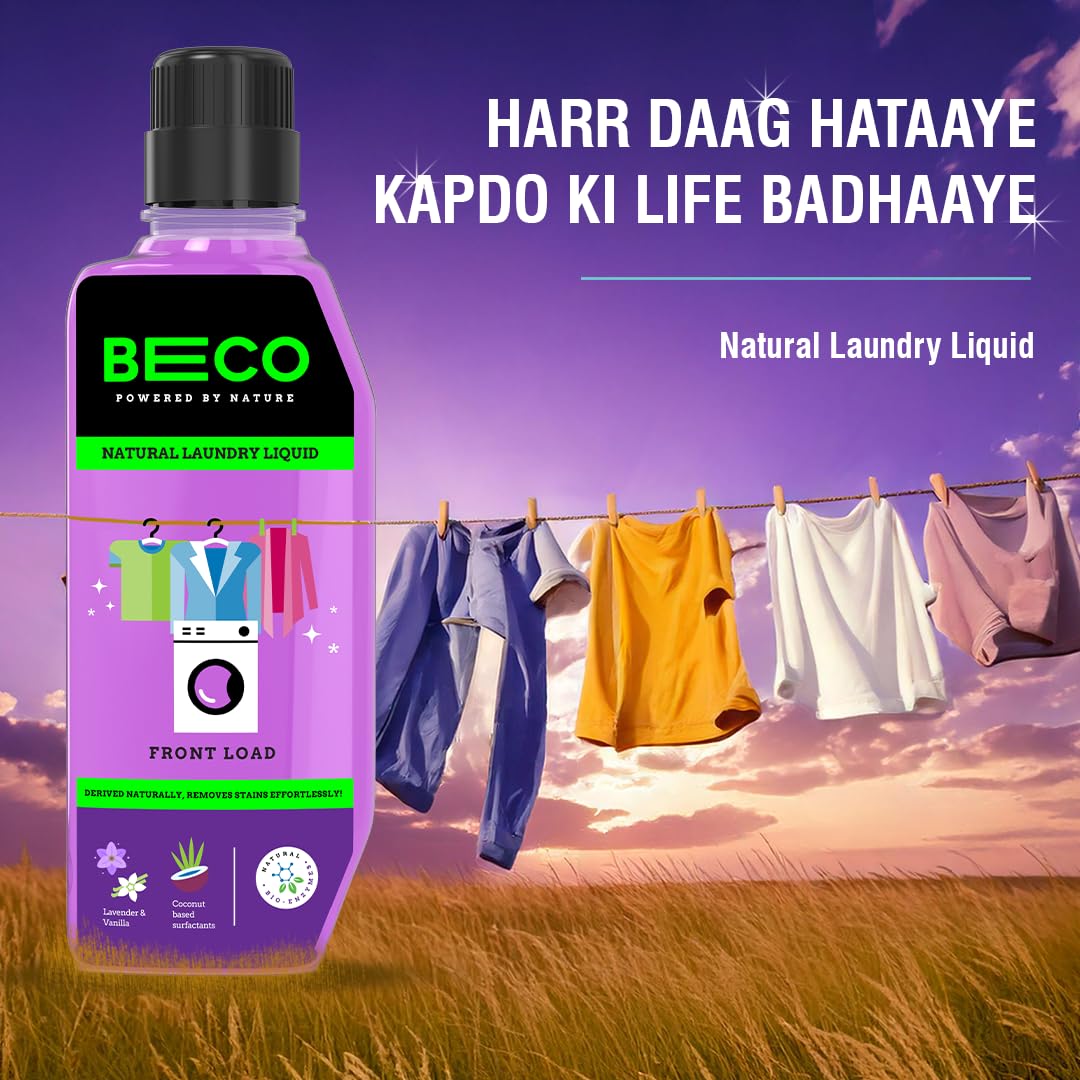 Beco Matic-Front Load Natural Laundry Liquid Detergent| 2 Litre Super Value Refill | Natural Formula for Tough Stain Removal & Fabric Care | No Harsh Chemicals | 100% Ecofriendly