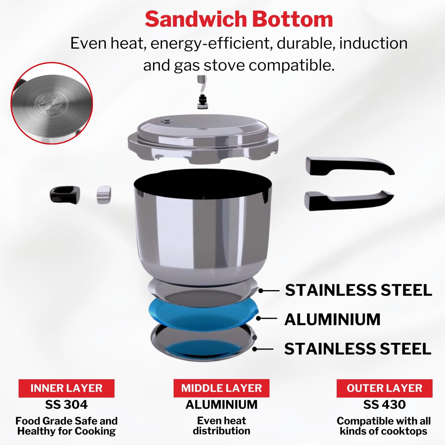 Vinod 18/8 Stainless Steel Pressure Cooker Outer Lid 3 Litre | Unique Sandwich Bottom Cooker | Induction and Gas Base | ISI and CE certified | 2 Years Warranty