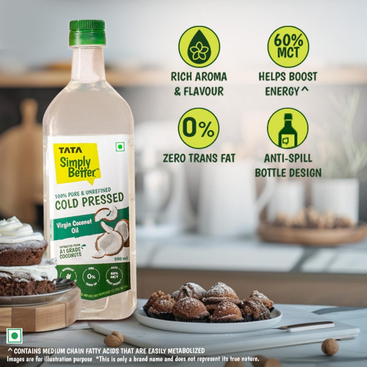 Tata Simply Better Pure & Unrefined Cold Pressed Virgin Coconut Oil, Naturally Cholesterol Free, 500ml, Rich Aroma & Flavour of Real Coconuts, For Daily Cooking with Multipurpose Usage,A1 Grade Coconuts