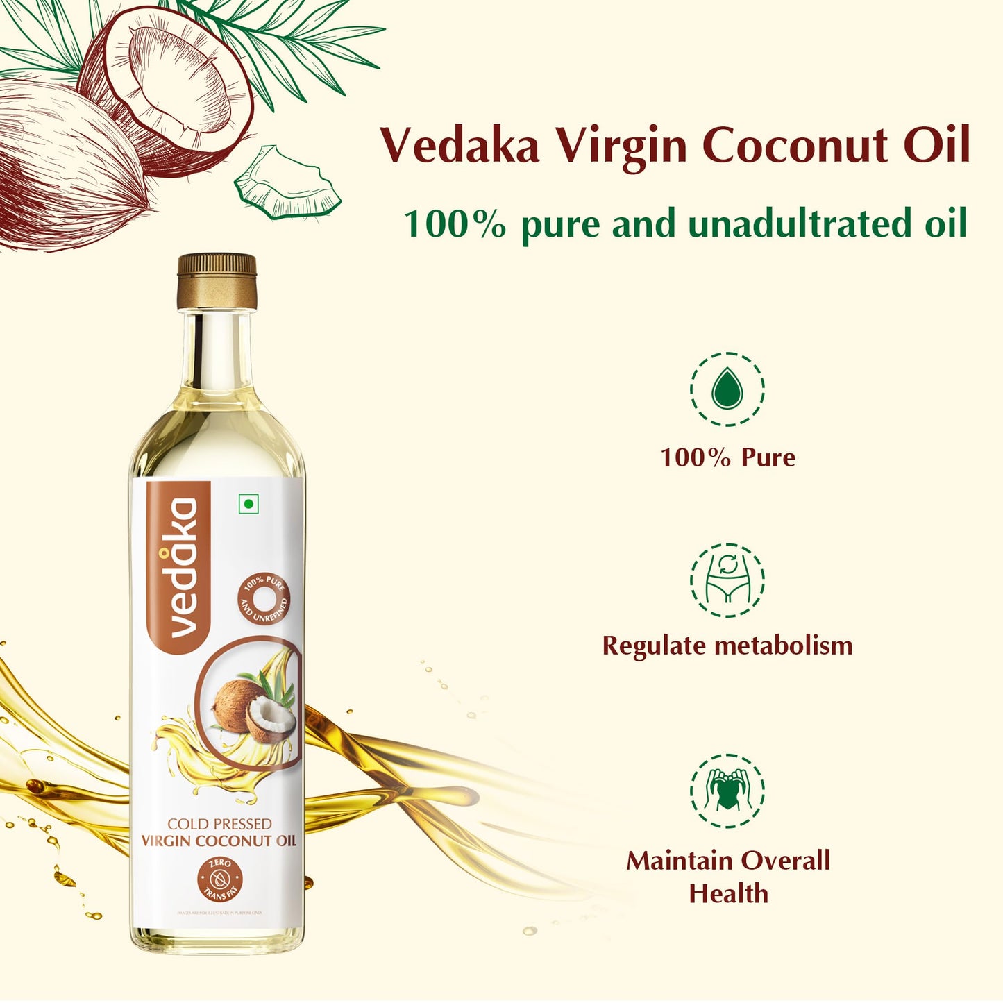 Amazon Brand - Vedaka Cold Pressed Virgin Coconut Oil 1 L Bottle | 100% Pure | Effective with Good Smell