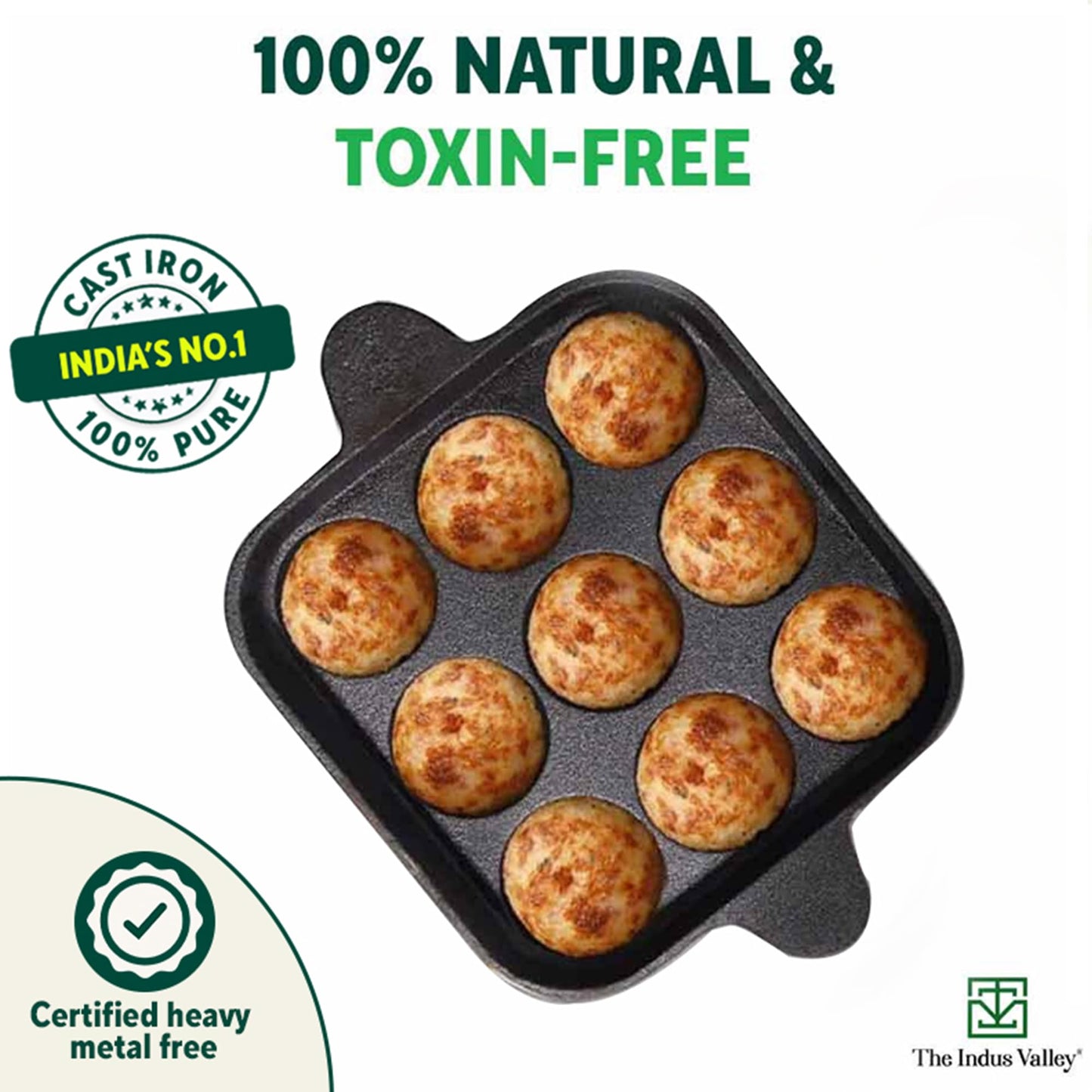 The Indus Valley Pre-Seasoned Cast Iron Square Paniyaram Pan | 9pit, 24cm/9.4inch, 1.3kg | Naturally Nonstick Appe/Paddu Pan, 100% Pure & Toxin-Free, No Chemical Coating, Black