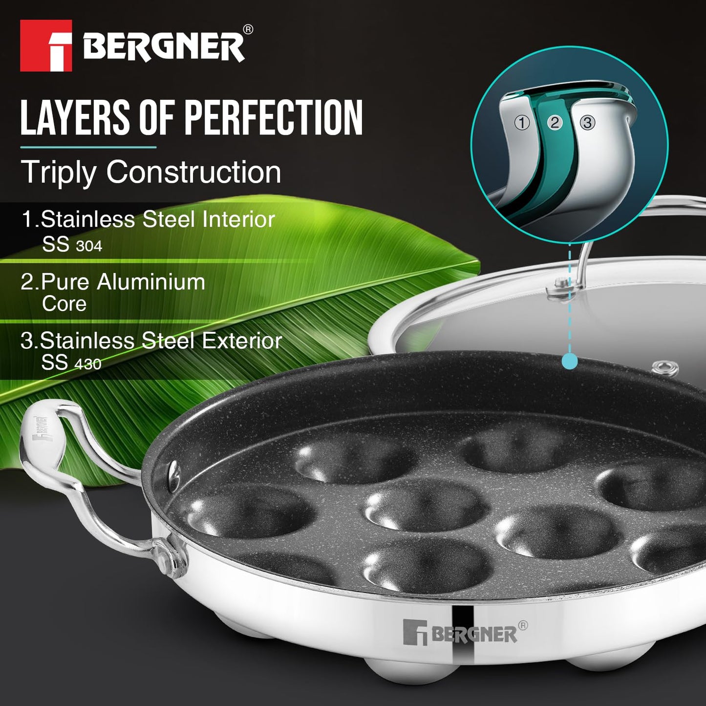 BERGNER Argent Samsara Triply Stainless Steel 11 Pits (25cm) Round Paniyarakkal with Glass Lid, Paniyaram with Quantanium Non-Stick Coating, Consumes Less Oil, Healthy Cooking - Induction Compatible