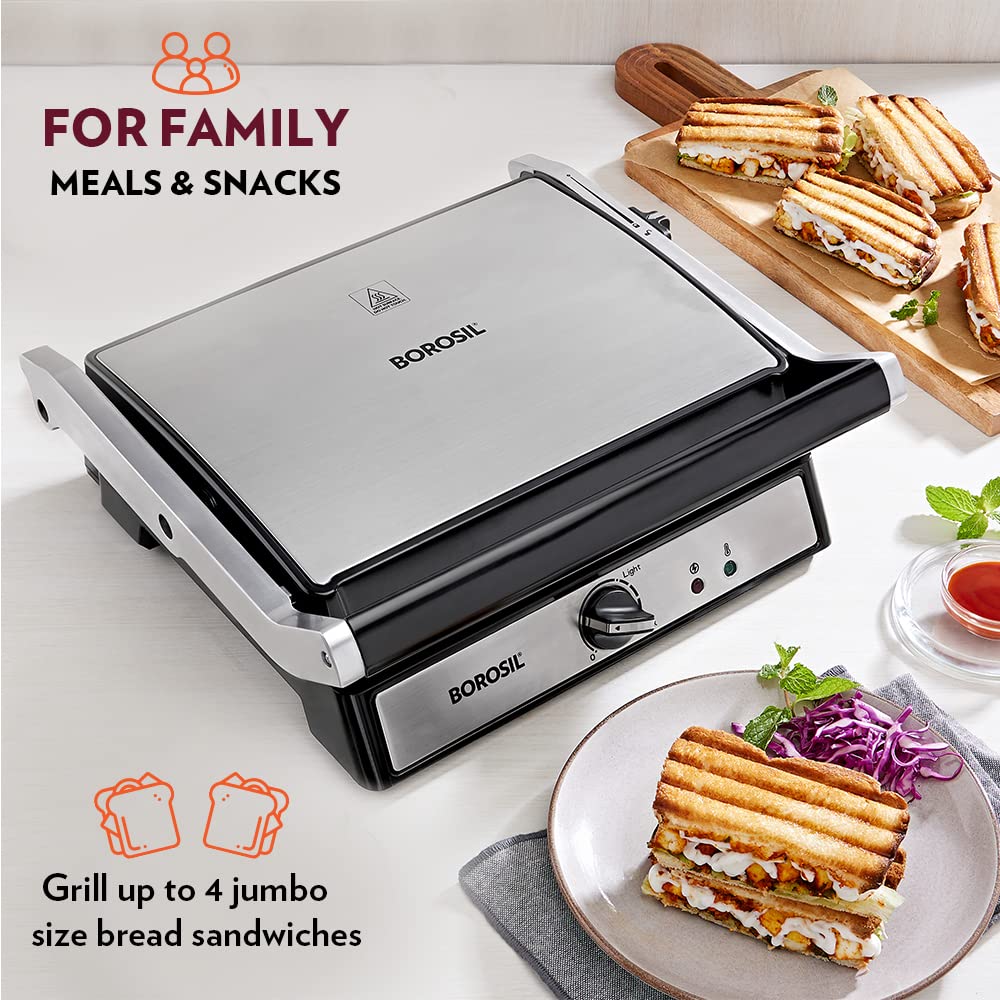 Borosil Super Jumbo Grill Sandwich Maker | Can Make 4 Sandwich At a Time | 2000W Electric Toaster Maker | Non-Stick Coating Plates Opens to 180°, BPA & PTFE Free | Power Indicators | 2 Year Warranty