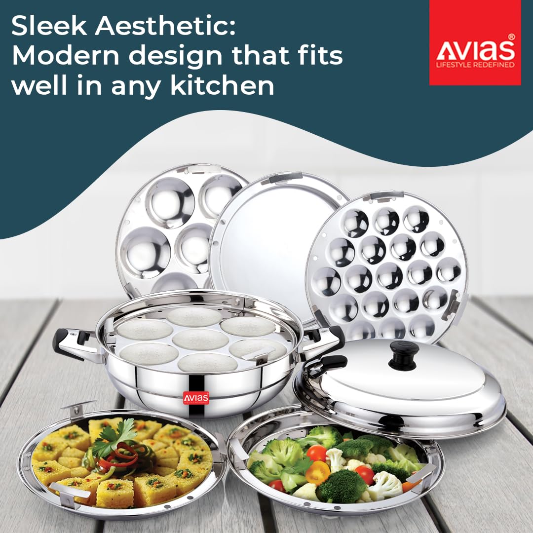 AVIAS All Rounder Premium Stainless Steel Induction Friendly Multipurpose Kadai, Kadhai Set with 6 Plates (1 Mini Idly Plate, 2 Big Idli Plates-14 Idlies, 2 Dhokla Plates, 1 Steamer Plate)