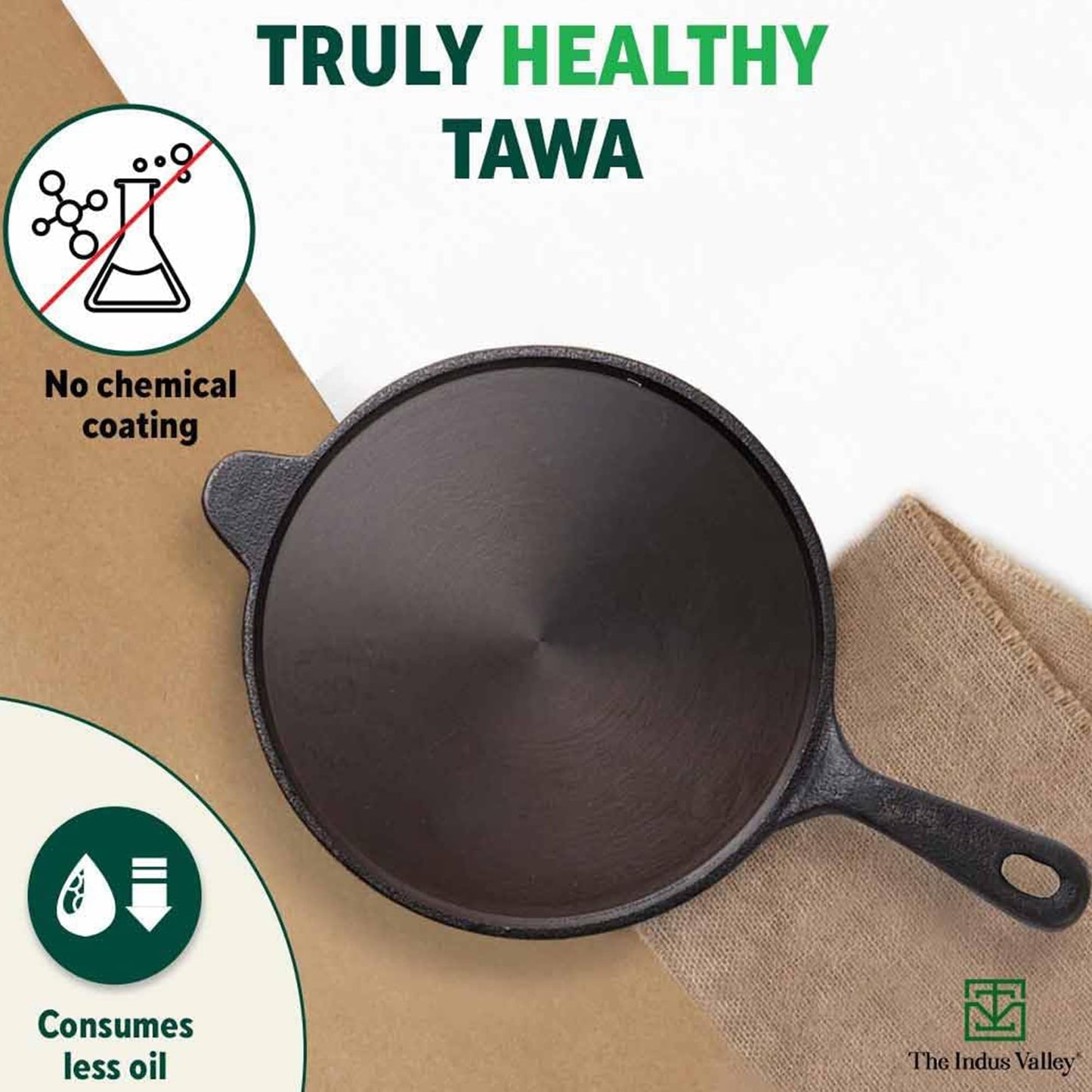 The Indus Valley Super Smooth Cast Iron Cookware Set | Tawa (26.2 Cm) + Kadai (26.1 Cm) + Fry Pan (24.8 Cm) | Pack Of 3 | Pre-Seasoned Cookware, 100% Pure & Toxin-Free, No Chemical Coating, Black