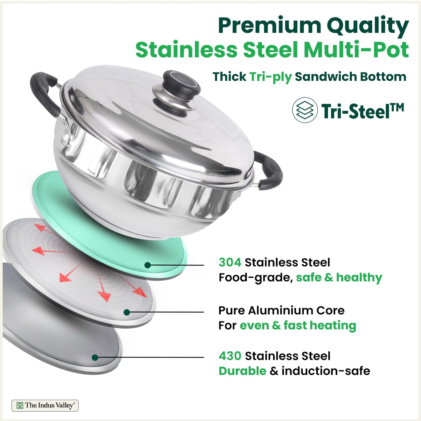 The Indus Valley Stainless Steel Idli Maker/Momo Maker/Multi Kadai/Steamer Set | Small, 5 Plates, 2 Idli | 2 Dhokla | 1 Steamer | 23cm/9 inch, 3Ltr, 1.7kg | 3-Layer Thick Bottom | Induction friendly