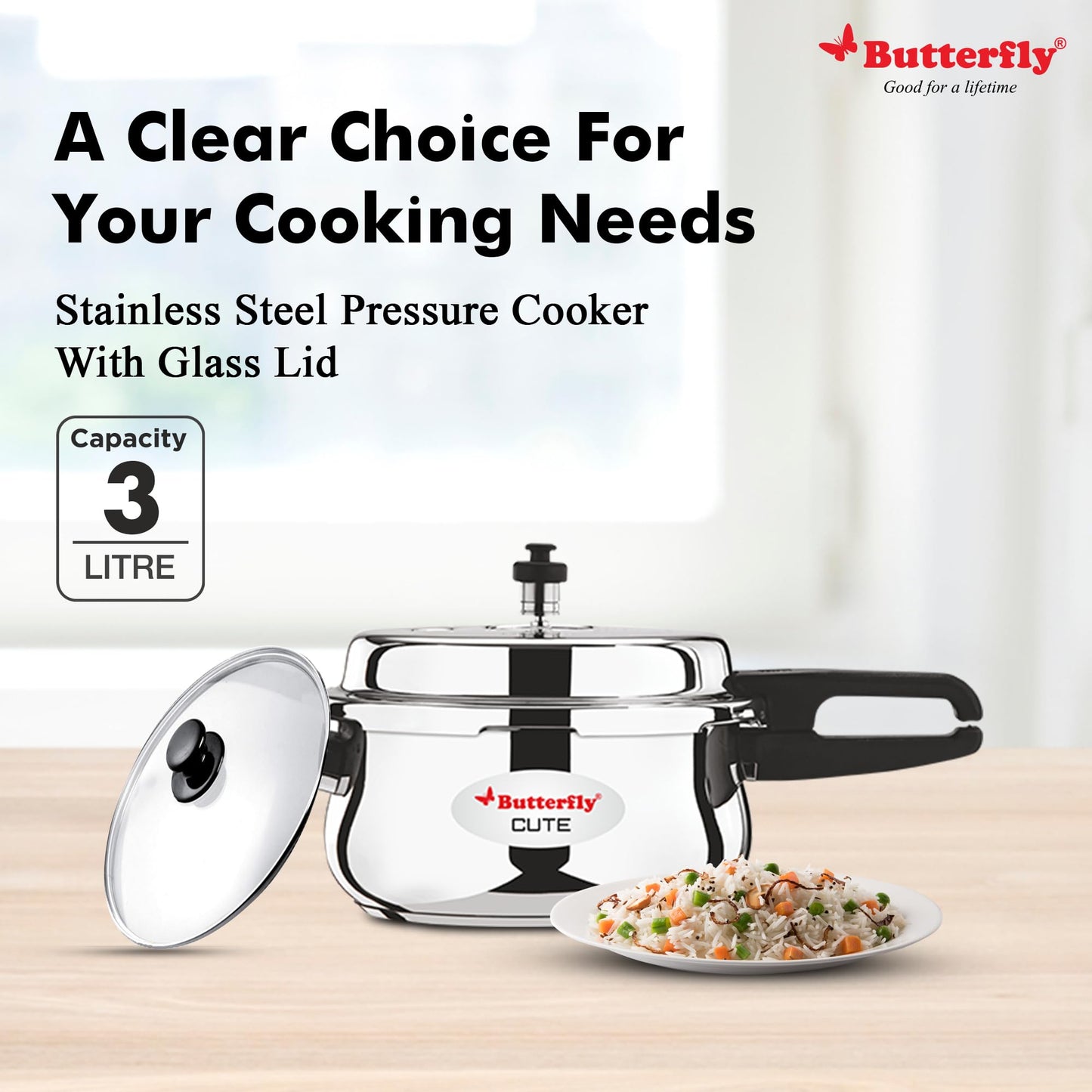 Butterfly Cute Ss Induction Compatible Outer Lid Stainless Steel Pressure Cooker With Glass Lid 3 liter, Silver