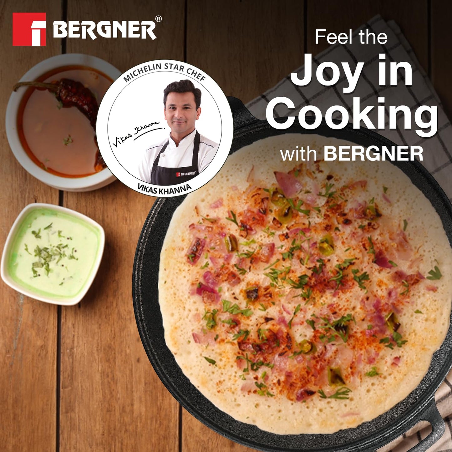 Bergner Eco Cast Iron 30cm Dosa Tawa, Pre-Seasoned, Large Loha Tawa for Dosa, Even Heat Distributor, Retains Heat to Enhance Flavor, Comes with Silicone Sleeve - Induction Base and Gas Stove Ready