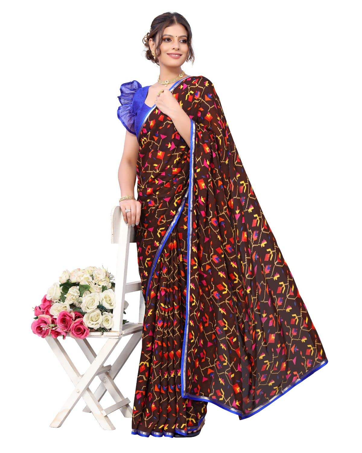 Tarshika Women's Brown Floral Printed Georgette Saree with lace border(RAVAN BROWN_W_Free Size)