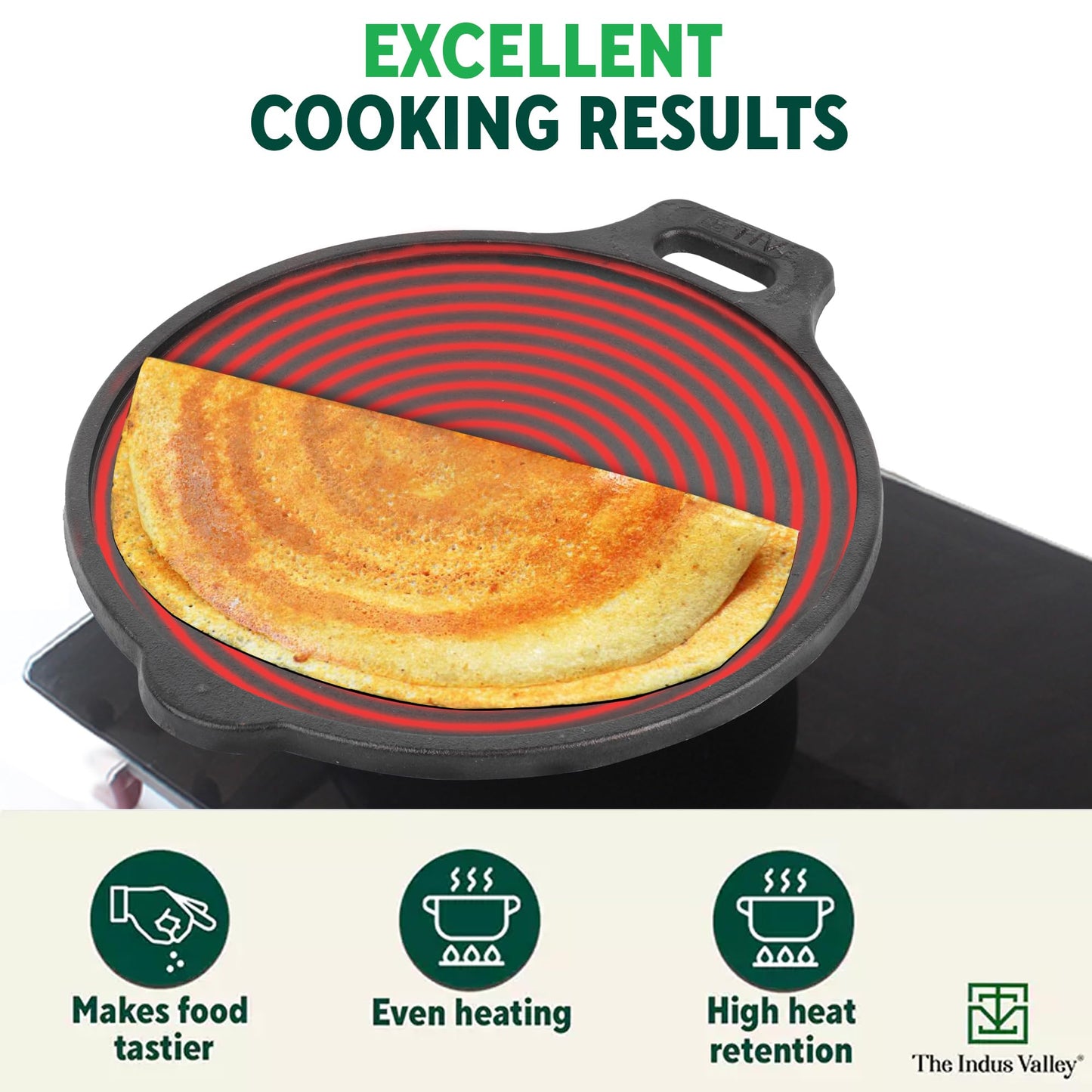 The Indus Valley Super Smooth Cast Iron Tawa with Free Wooden Spatula for Dosa/Chapathi | 27.6cm/10.8 inch, 2.8kg | Induction Friendly | Naturally Nonstick, 100% Pure & Toxin-Free