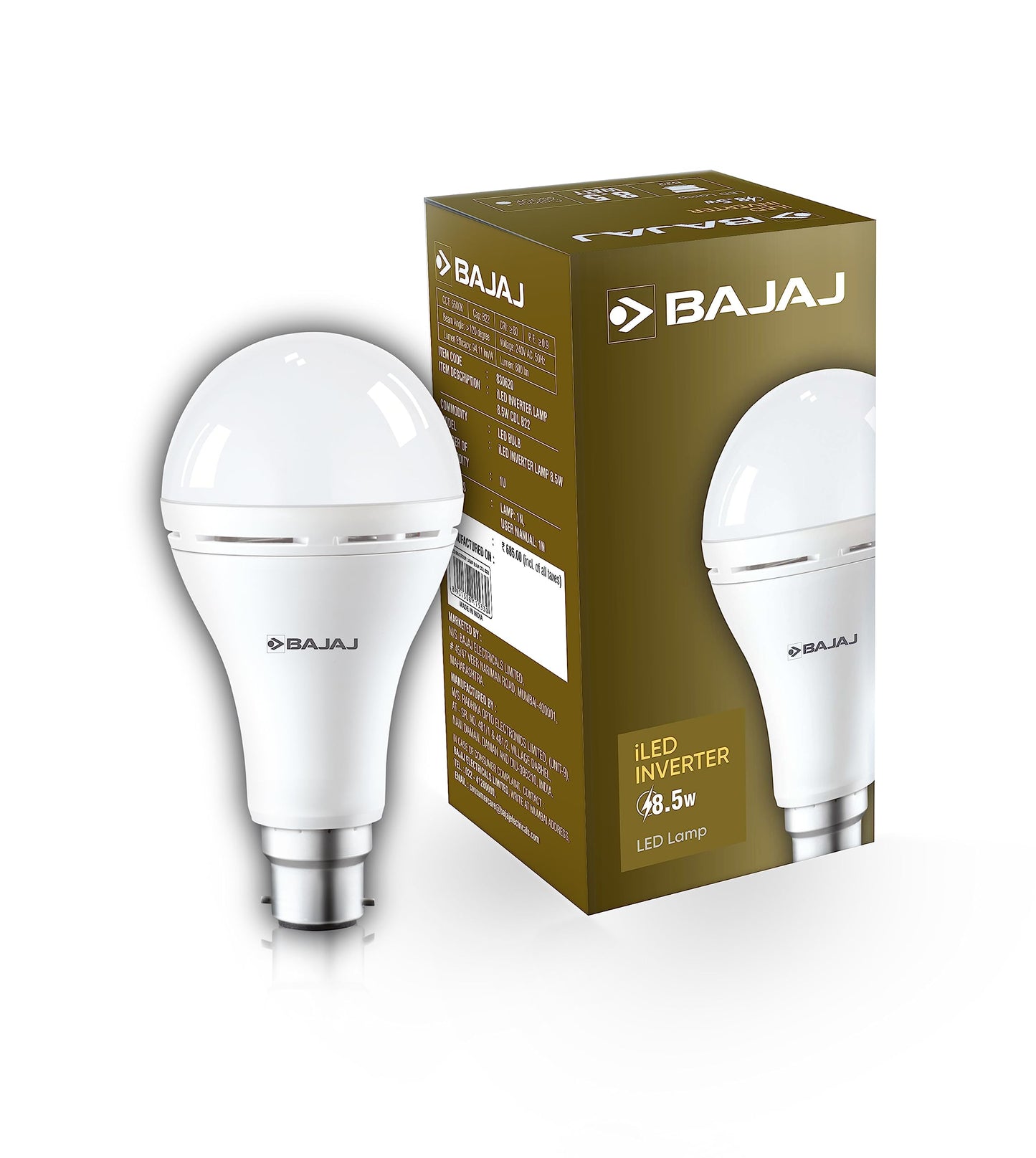 Bajaj LEDZ 8.5W Rechargeable Emergency Inverter LED Bulb, Cool Day Light, White, Upto 4 Hours Battery, b22d