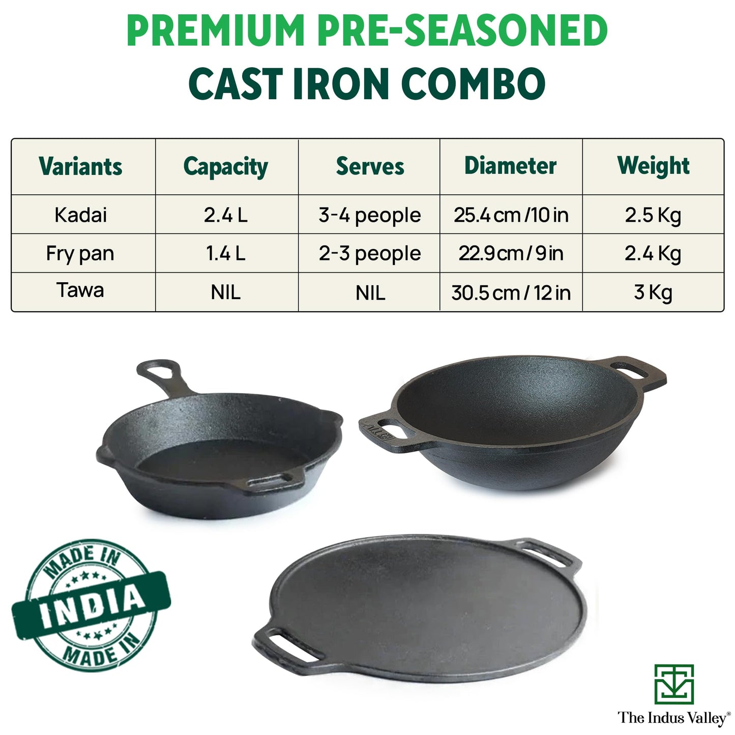 The Indus Valley Pre-Seasoned Cast Iron Cookware Set+ Free Tadka Pan|Tawa (30.5 Cm)+ Kadai (25.4 Cm/2.3L)+ Fry Pan (23 Cm/1.4L)|Kitchen Cooking Combo Pots & Pans Set Of 4Pcs|Naturally Nonstick - Black