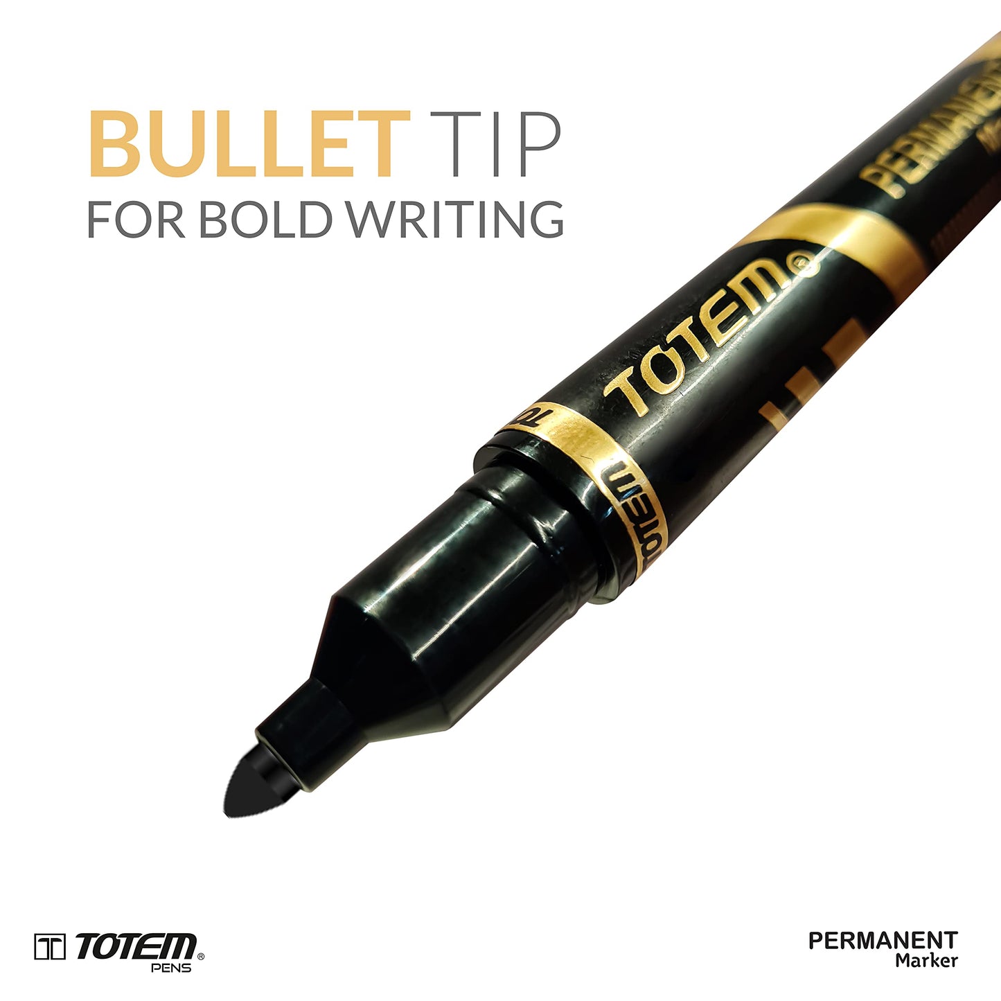 TOTEM Permanent Marker | 10 Black Ink Markers | Bullet Tip for Bold Writing | Suitable for Multiple Surfaces | Stationery Items | Students and Office Uses