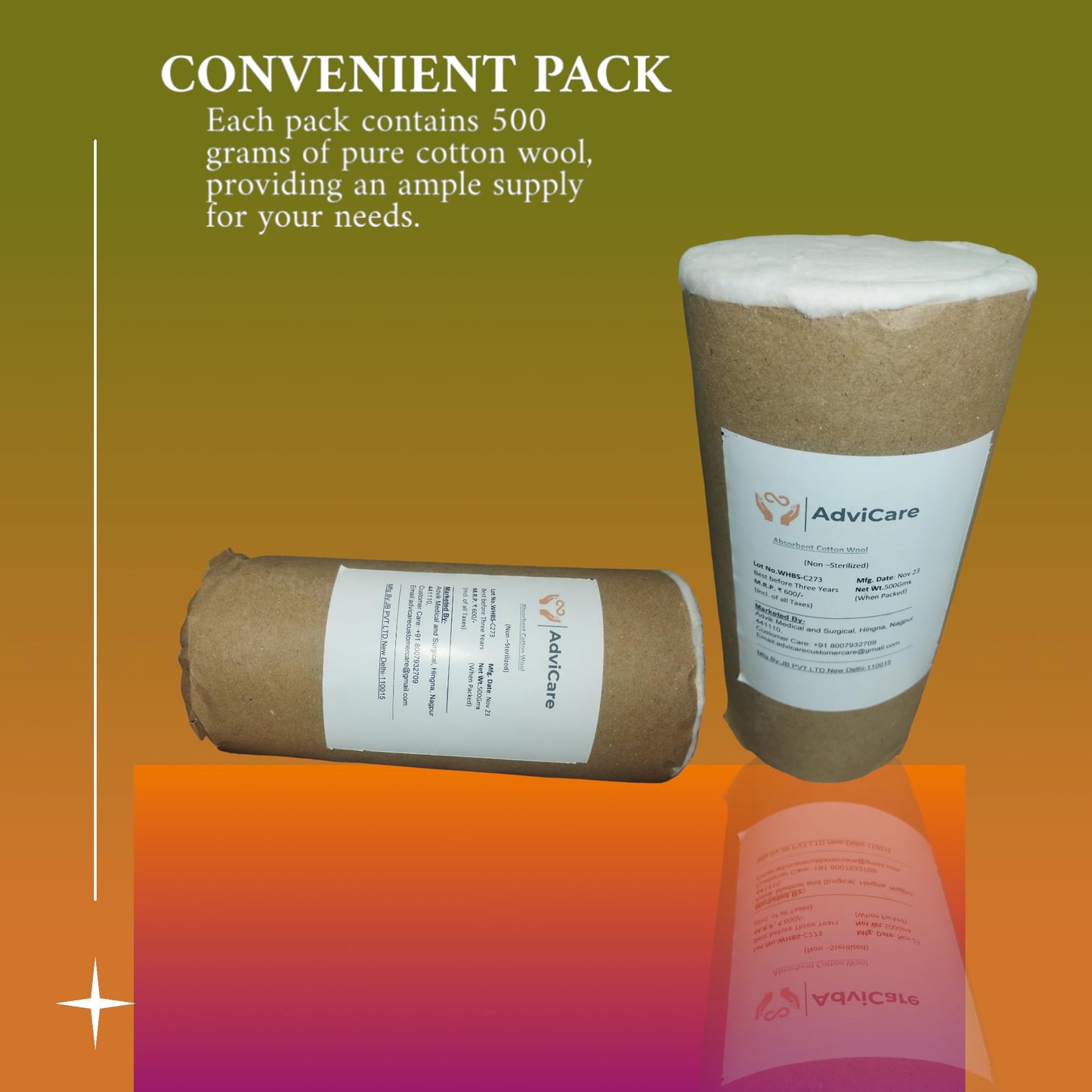 AdviCare Absorbent Pure Cotton Wool for Multipurpose use,Cotton Wool can use for First-Aid, Clinical Use, Makeup Remover, Salon, Beauty Baby care & art and Craft pack of 500gms -White