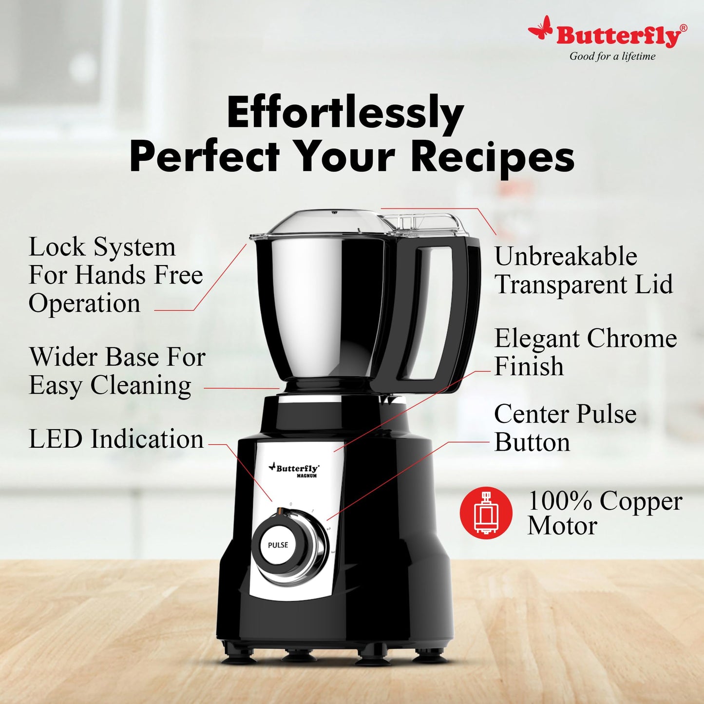Butterfly Magnum 1.2HP Mixer Grinder with 4 Jars | 100% Copper Motor | 3 Stainless Steel Multipurpose Jars and 1 Juicer Jar | ABS Body | Handsfree Operation | Lifetime Motor Warranty| Black