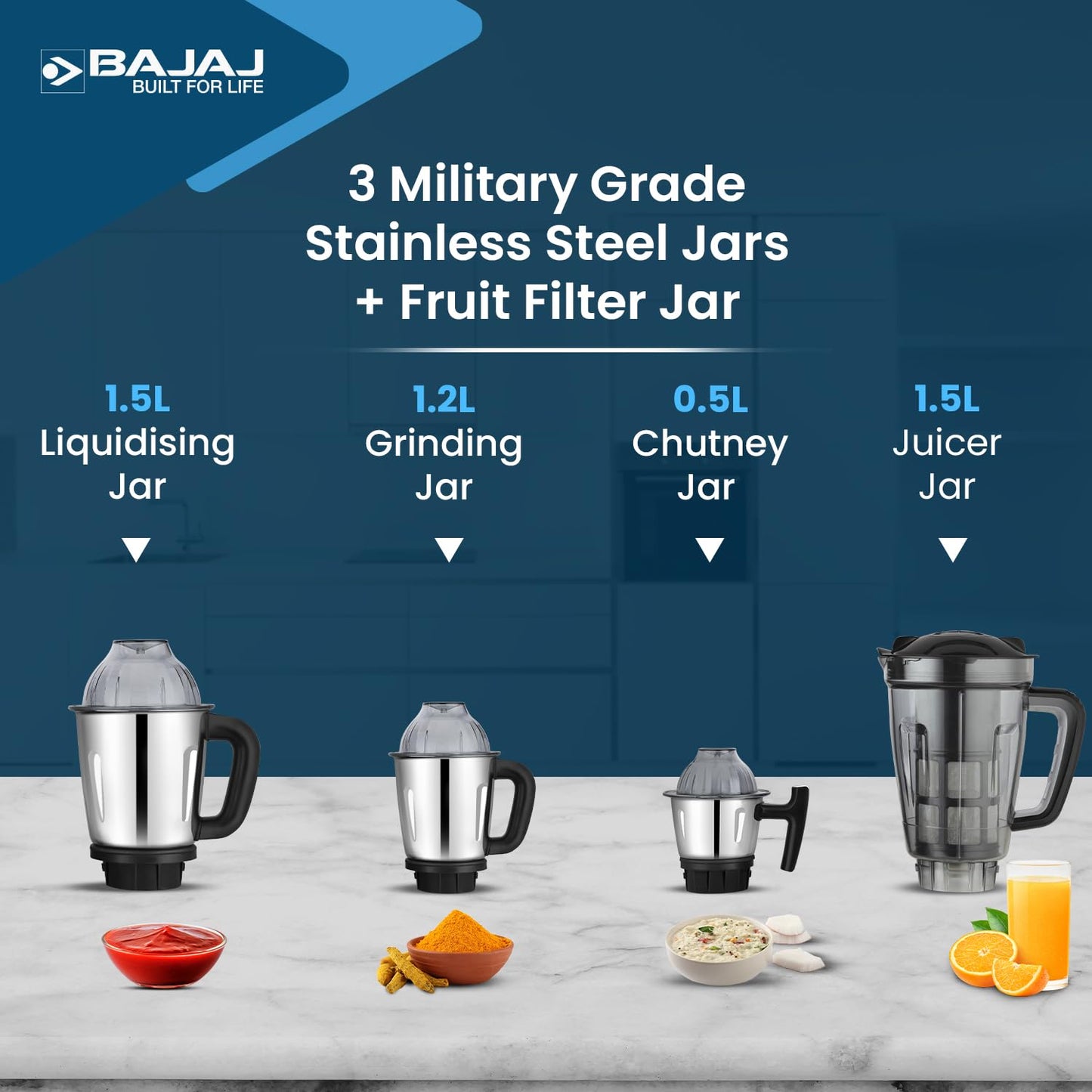 Bajaj Military Series Glamore 4 Jar 1000 Watts Mixer Grinder | 3-Speed Control With Pulse Effect Mixie| 2 Years Warranty | Jet Black