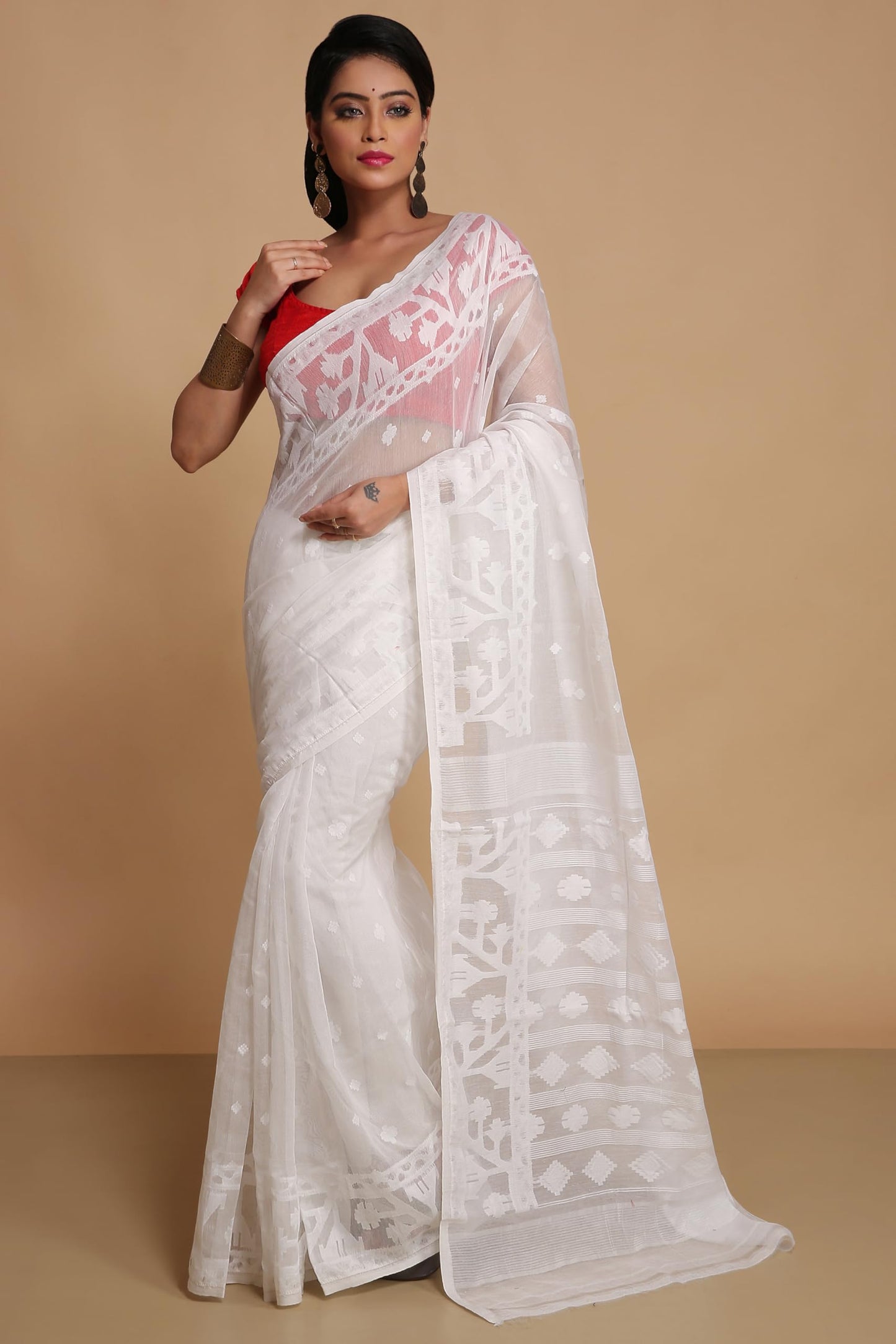 BENGAL HANDLOOM Women's Cotton Silk Dhakai Exclusive Softs Dual Color Jamdani Sarees (White White)