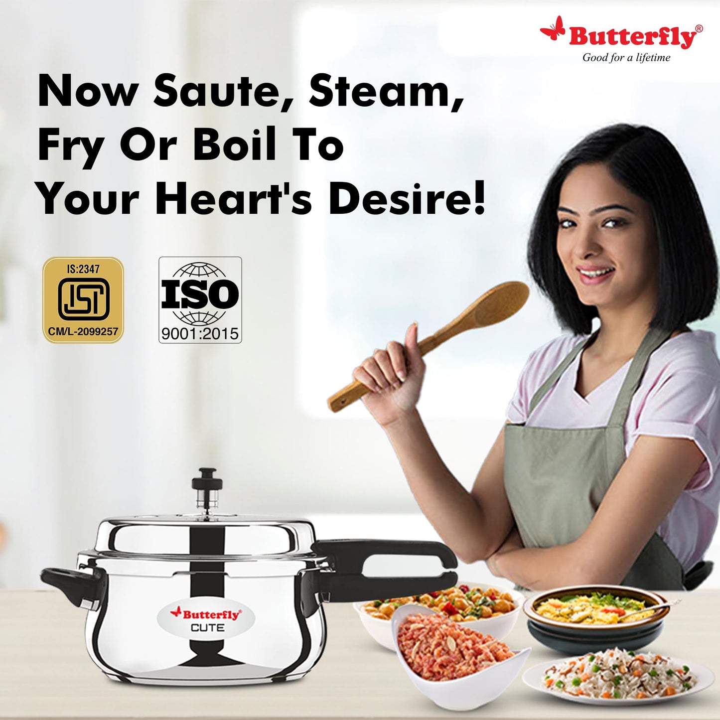 Butterfly Cute Ss Induction Compatible Outer Lid Stainless Steel Pressure Cooker With Glass Lid 3 liter, Silver