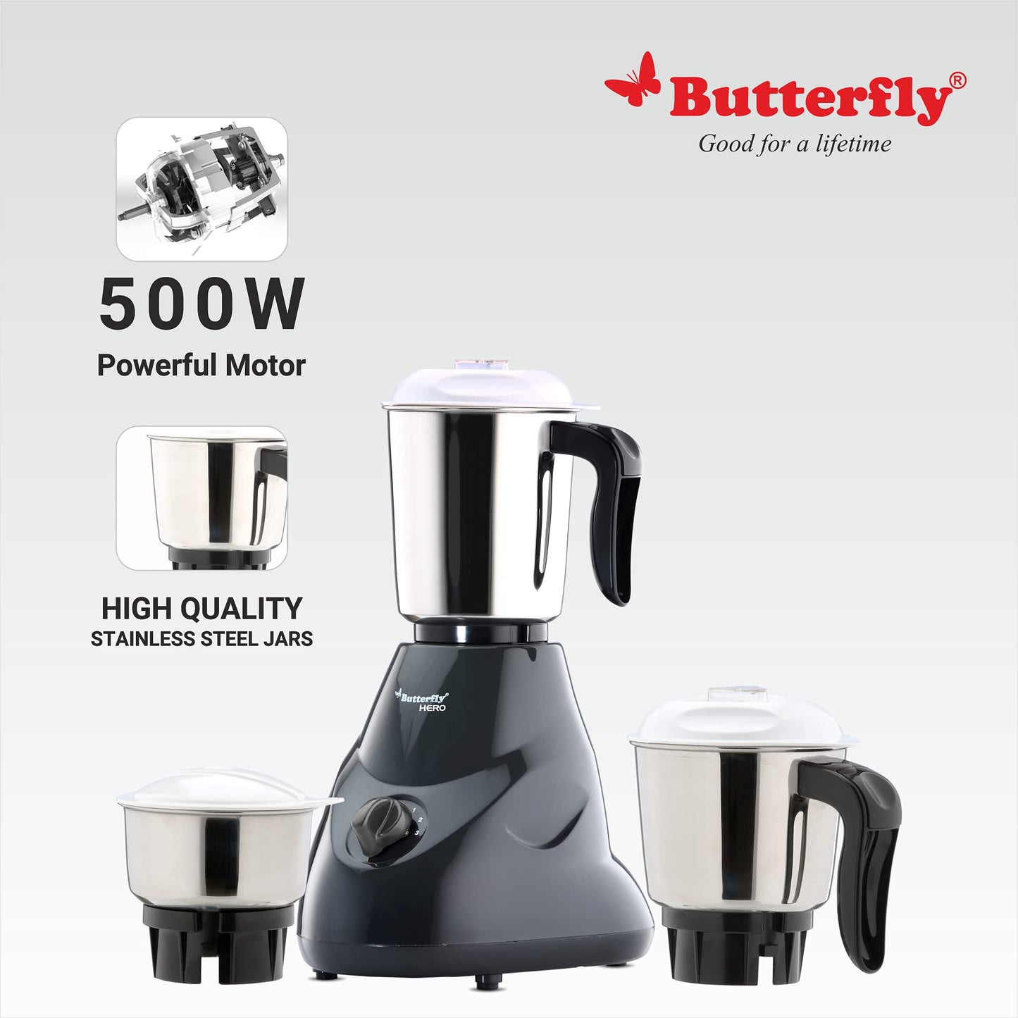 Butterfly Hero 500W Mixer Grinder And Vegetable Chopper, Grey - 500 Watts