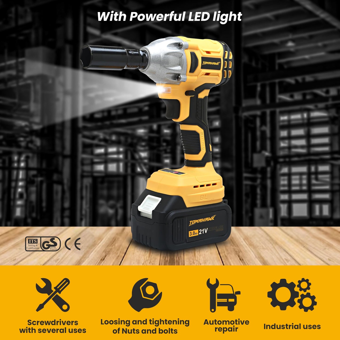 Tomahawk® T8582-2 Brushless Cordless 21V Batteries- 1/2 Inch Drive-3300Ipm- 2300Rpm-300Nm Torque- Led Lights, Fixed Square