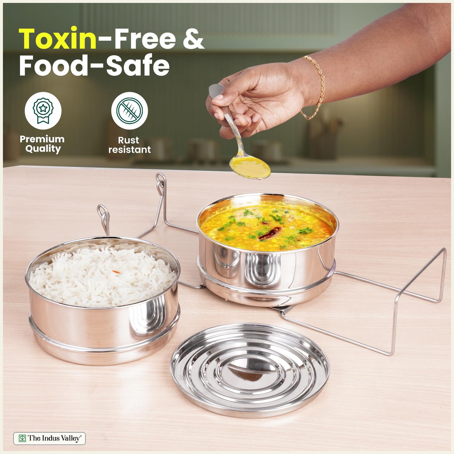 The Indus Valley Stainless Steel Separator Set for 3ltr Pressure Cooker | 5.5 inch, 1.9 ltr, 2-Tier | 100% Toxin Free, No Chemical coating