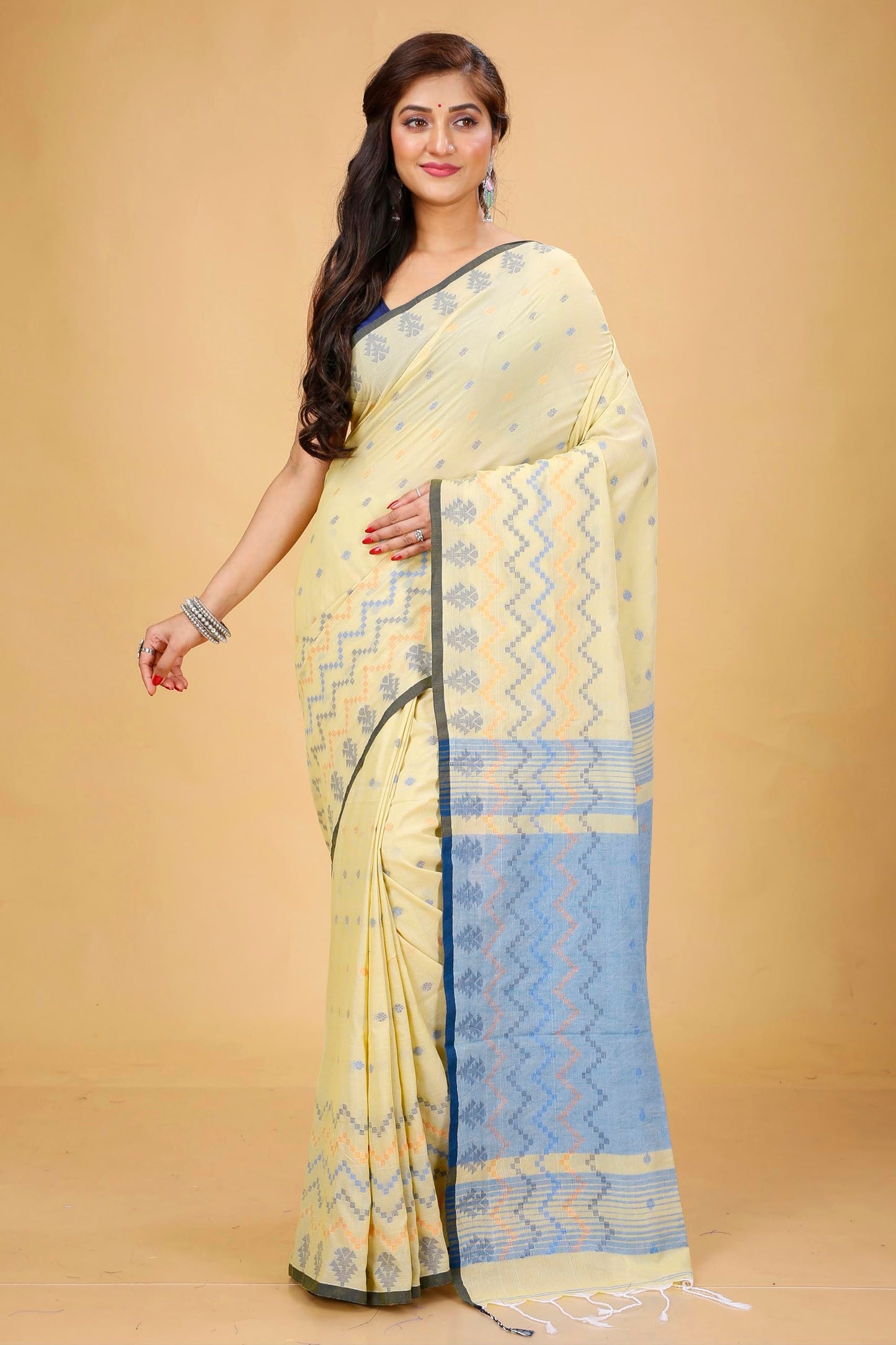 Ankita SAREE HOUSE Women's Traditional Bengal Cotton Silk Beki Border Handloom Soft Saree with Blouse Piece (Chiku)