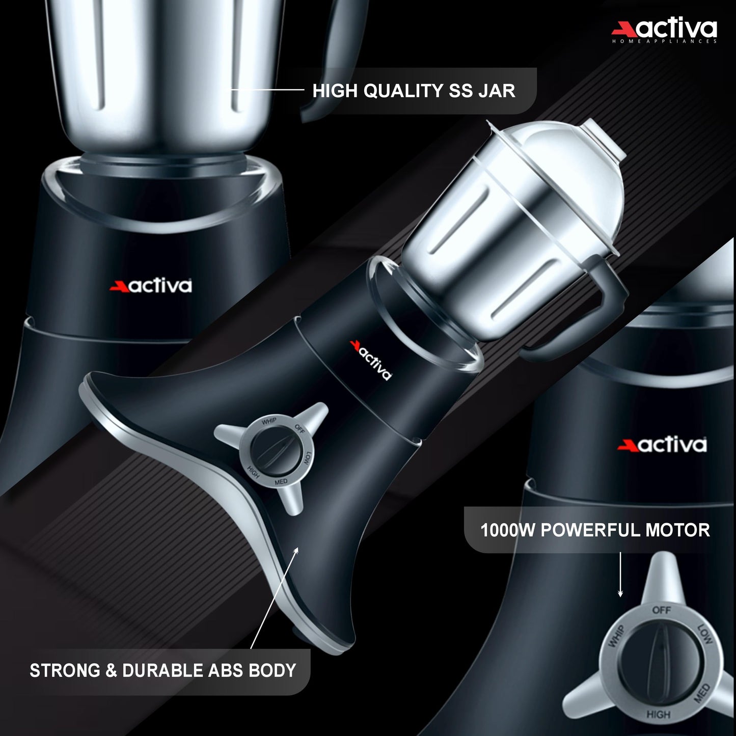ACTIVA ABS Super Chef 900 Watts Powerful Motor Mixer Grinder With 4 Jars | 2 Years Motor, Black