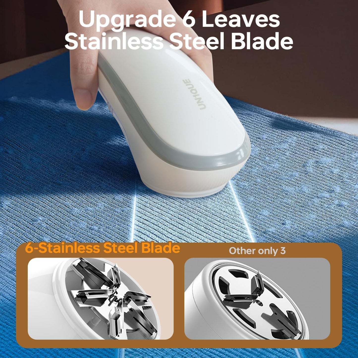 UN1QUE Rechargeable Lint Remover, Six-Blade Design Lint Remover for Clothes, USB Charging Port, Supports Cordless Use, Lint Remover for Woolen Clothes, Blankets, Sofas, Curtains, etc.-White