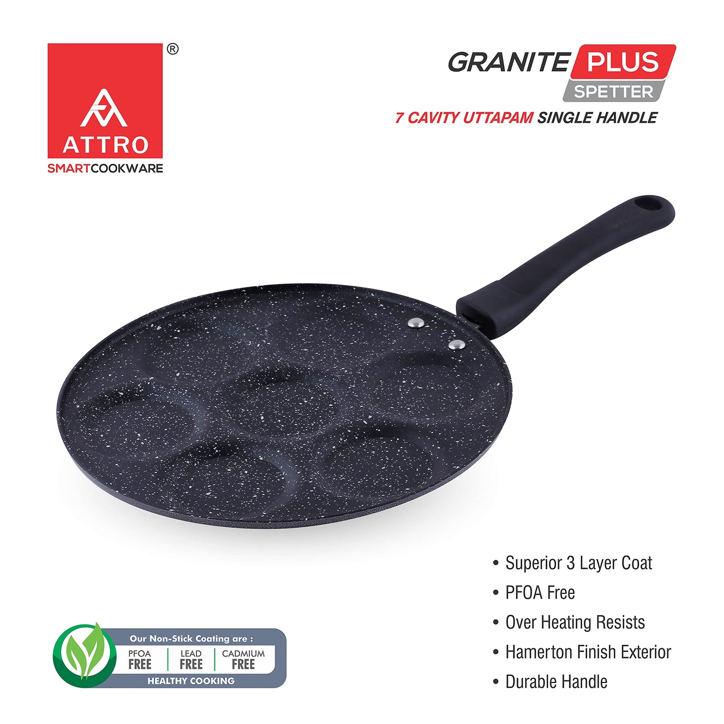 Attro Non Stick Heavy Duty 7 Cavity Single Handle Uttapam Tawa, Spatter Finish, Black