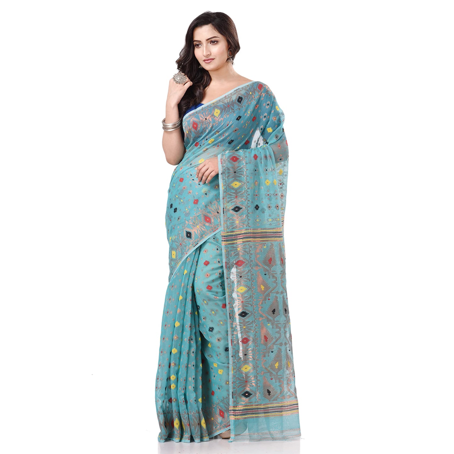 Tantloom Women's Jamdani Cotton Blend Saree With Blouse Piece (Tl290722Jmzarikarat_F_Firozi)