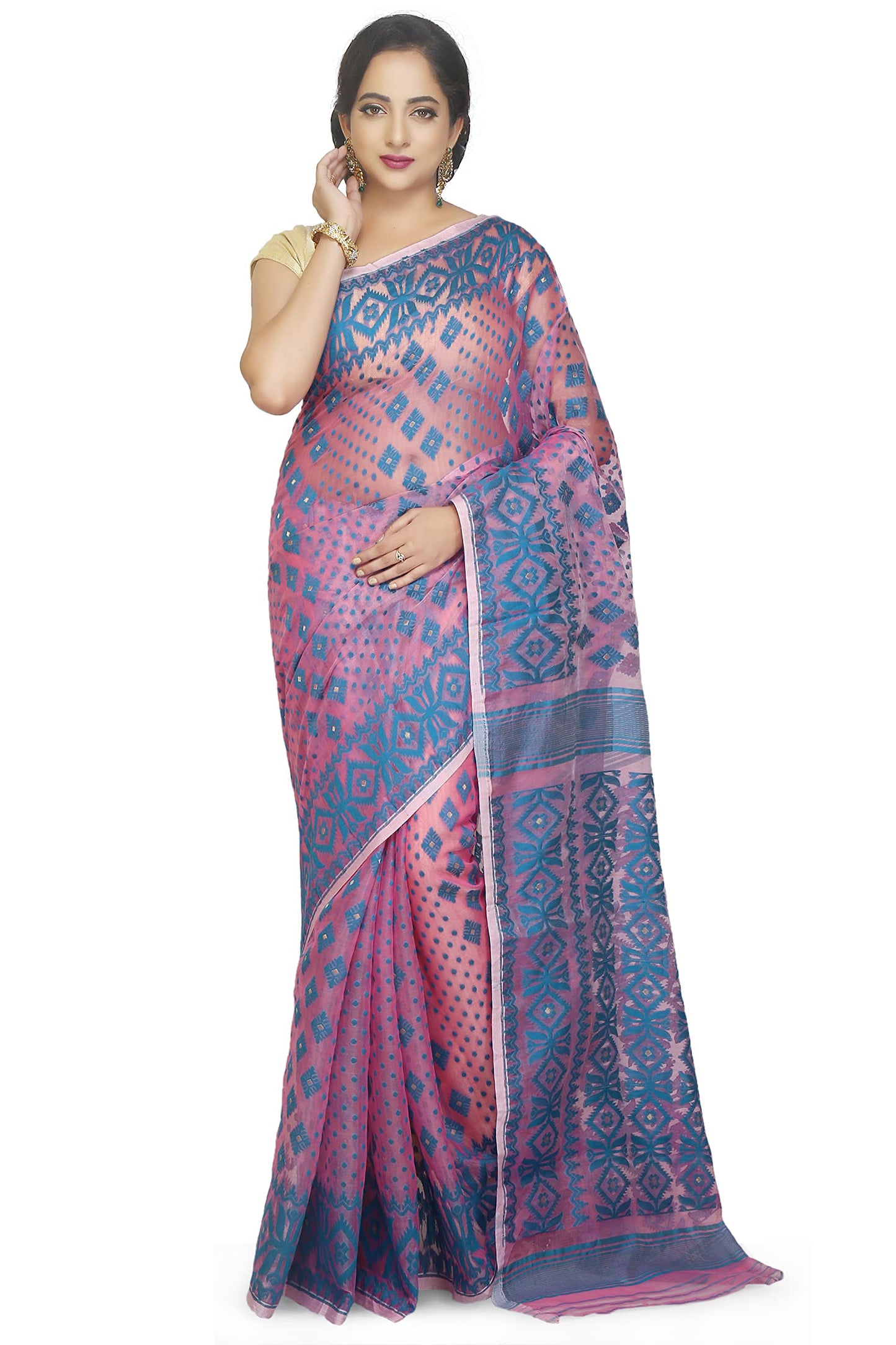 BENGAL HANDLOOM Exclusive Women's Cotton Silk Dhakai Allover Soft Jamdani Saree, Pink