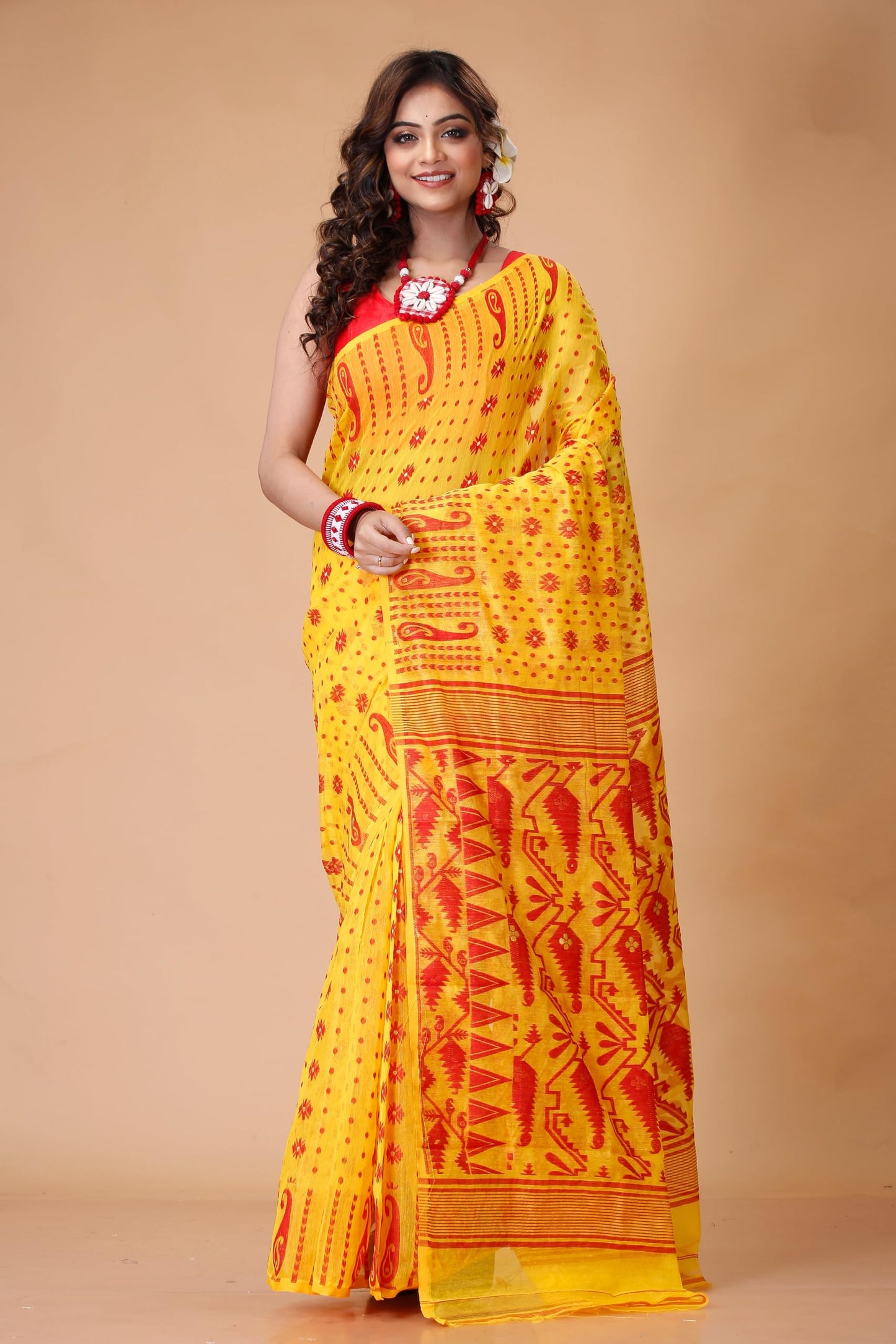 Tant Vastra Stylish Soft Cotton Silk Jamdani Saree For Women, Without Blouse Piece (Yellow)