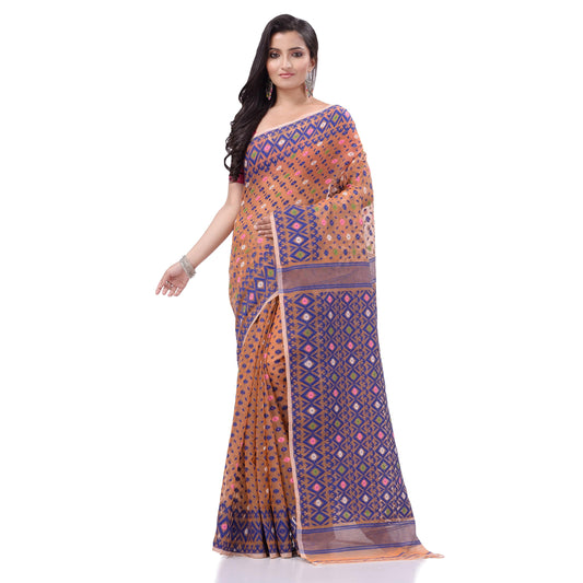 TANTLOOM Sparkle Diamond Resham Dhakai Jamdani Bengal Woven Handloom Pure Cotton Saree for Women Without Blouse Piece