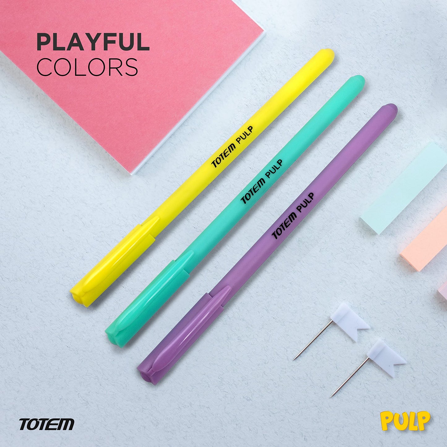 TOTEM Pulp Ball Pens Jar | 50 Pens (45 Blue Ink & 5 Black Ink) | Assorted Pastel Body | Pens for Writing | 0.7 mm Tip | Fragrance Ink | Rubberized Grip | Stationery Set | Stick Pens Set