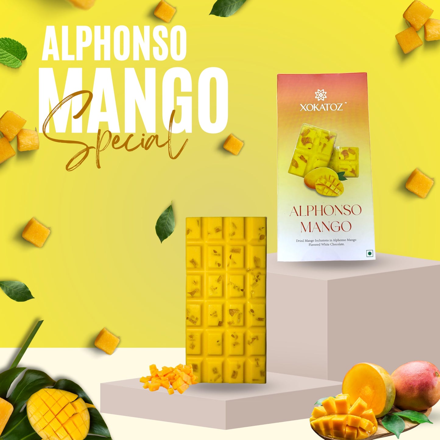 XOKATOZ Exotic Premium Chocolate - 1 Alphonso Mango Flavoured White Chocolate Bar - Gift Set - Pack of 1, 75g (75g x 1)
