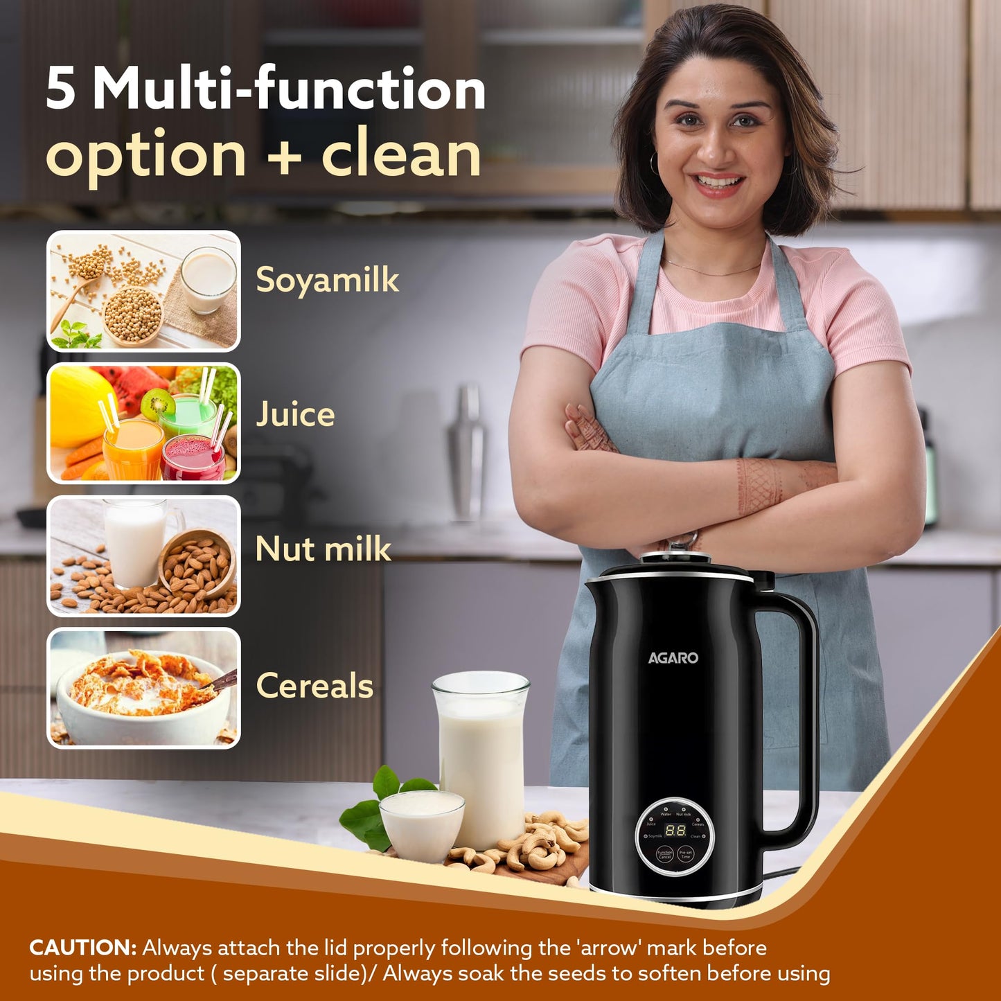 AGARO Regency Automatic Nut Milk Maker, Vegan Milk Machine, Make Vegan Milk From Nuts, Almonds, Soya, Oats etc, Boil Water, Juice, Cereals, Stainless Steel Body, 600ml, Black