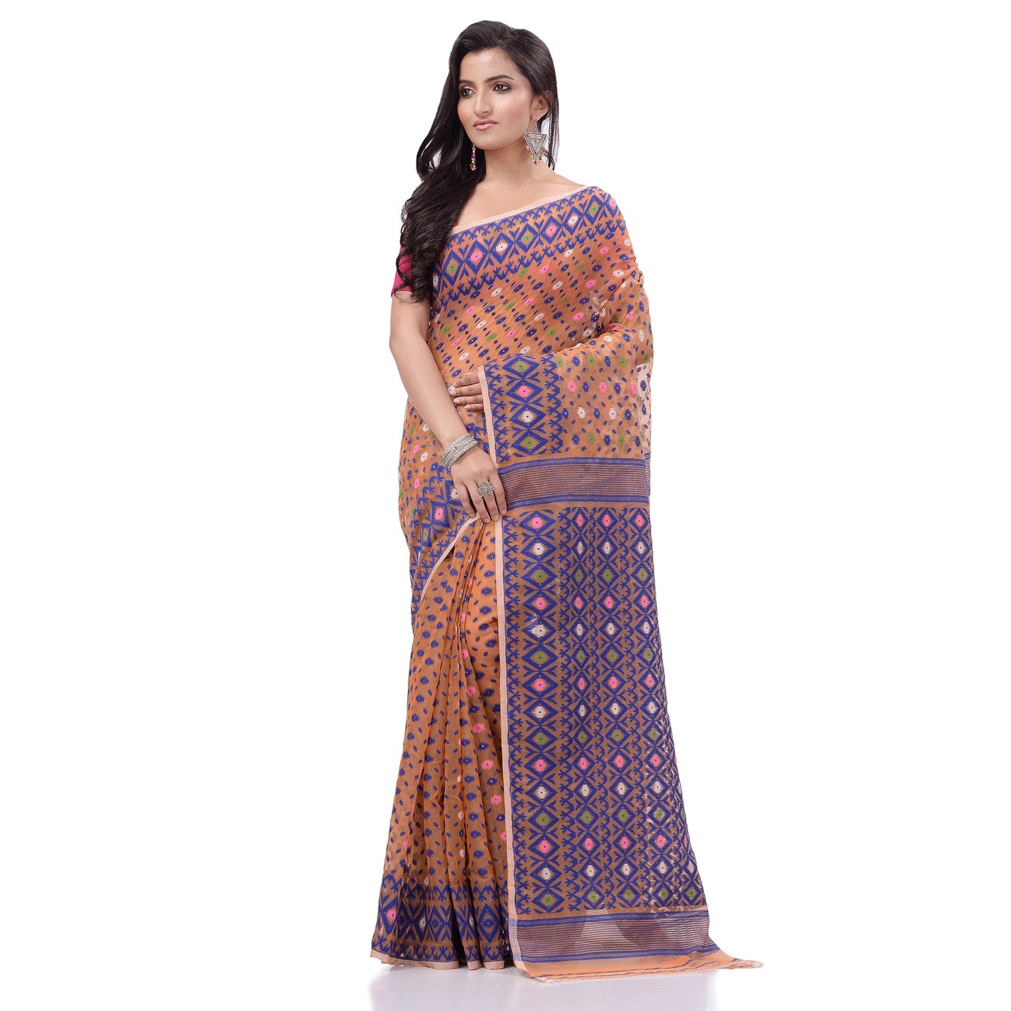 TANTLOOM Sparkle Diamond Resham Dhakai Jamdani Bengal Woven Handloom Pure Cotton Saree for Women Without Blouse Piece