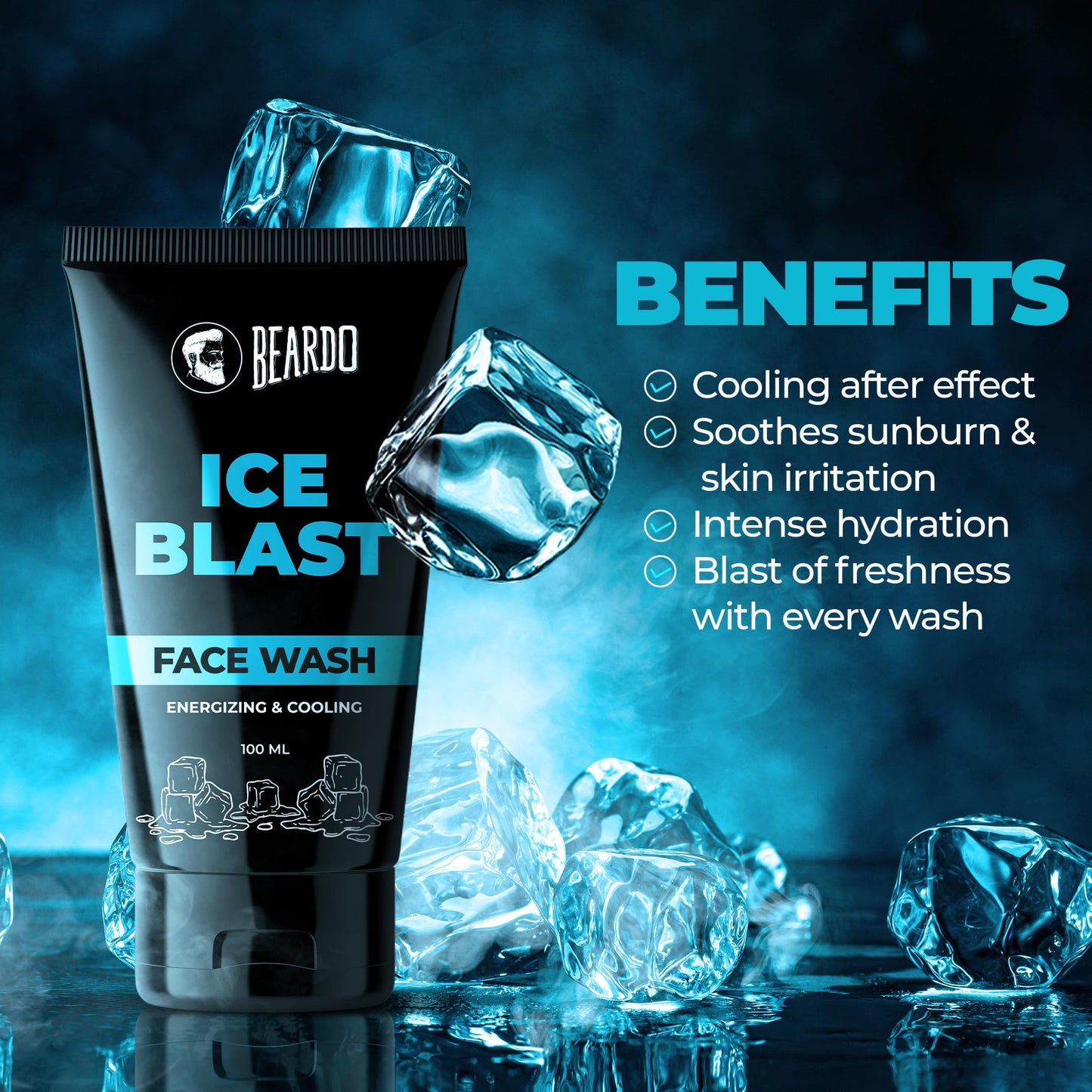 BEARDO Ice Blast Cooling Facewash for Men, 100 ml | INSTANT Icy freshness | Aloe Vera Face wash, Vitamin E & Menthol for cool lock technology | Refreshing & Hydrating facewash