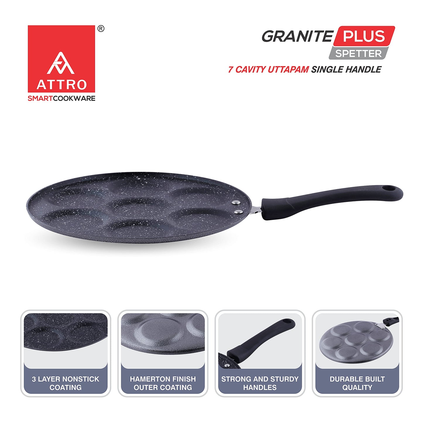 Attro Non Stick Heavy Duty 7 Cavity Single Handle Uttapam Tawa, Spatter Finish, Black