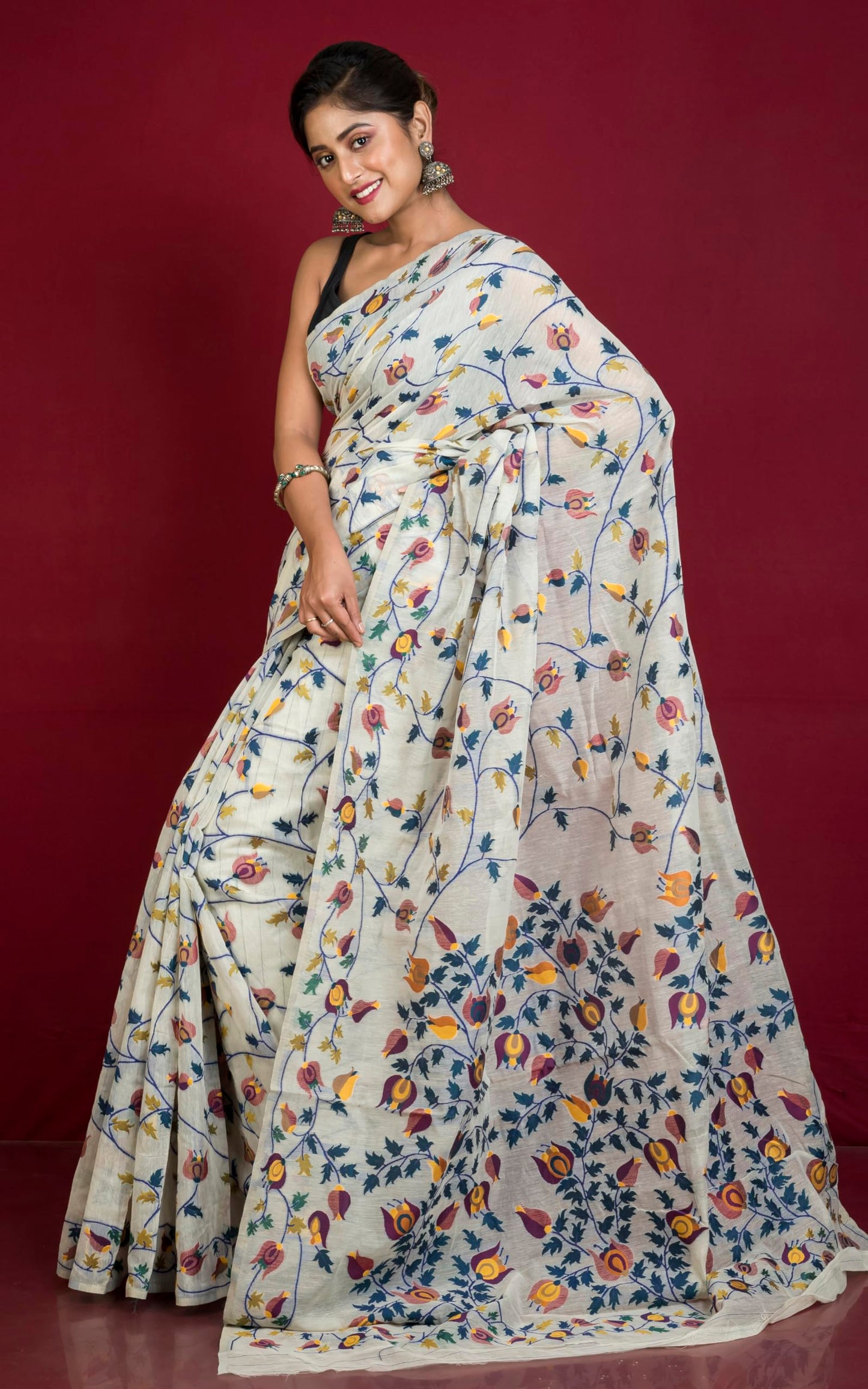 BENGAL LOOMS INDIA Tantuja Inspired Traditional Karat Nakshi Work Soft Jamdani Saree Women Rich Texture Smooth Finish Sari Indian Tradition Saree in Stone Beige and Multicolored for Casual Formal Wear