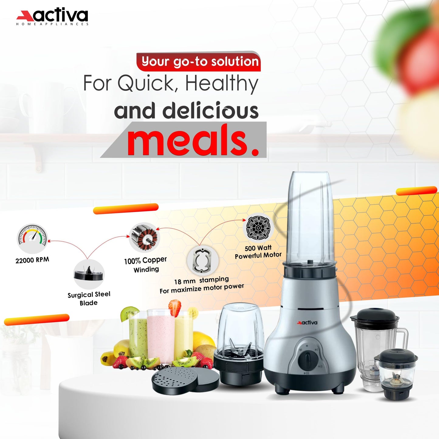 ACTIVA Easy Mix Nutri 4 Jar Mixer Grinder Powerful 500 Watt Motor | Long Lasting Shock Proof Abs Body | Heavy Duty Motor With Nano - Grinding Technology, Gray come with 2 year warranty