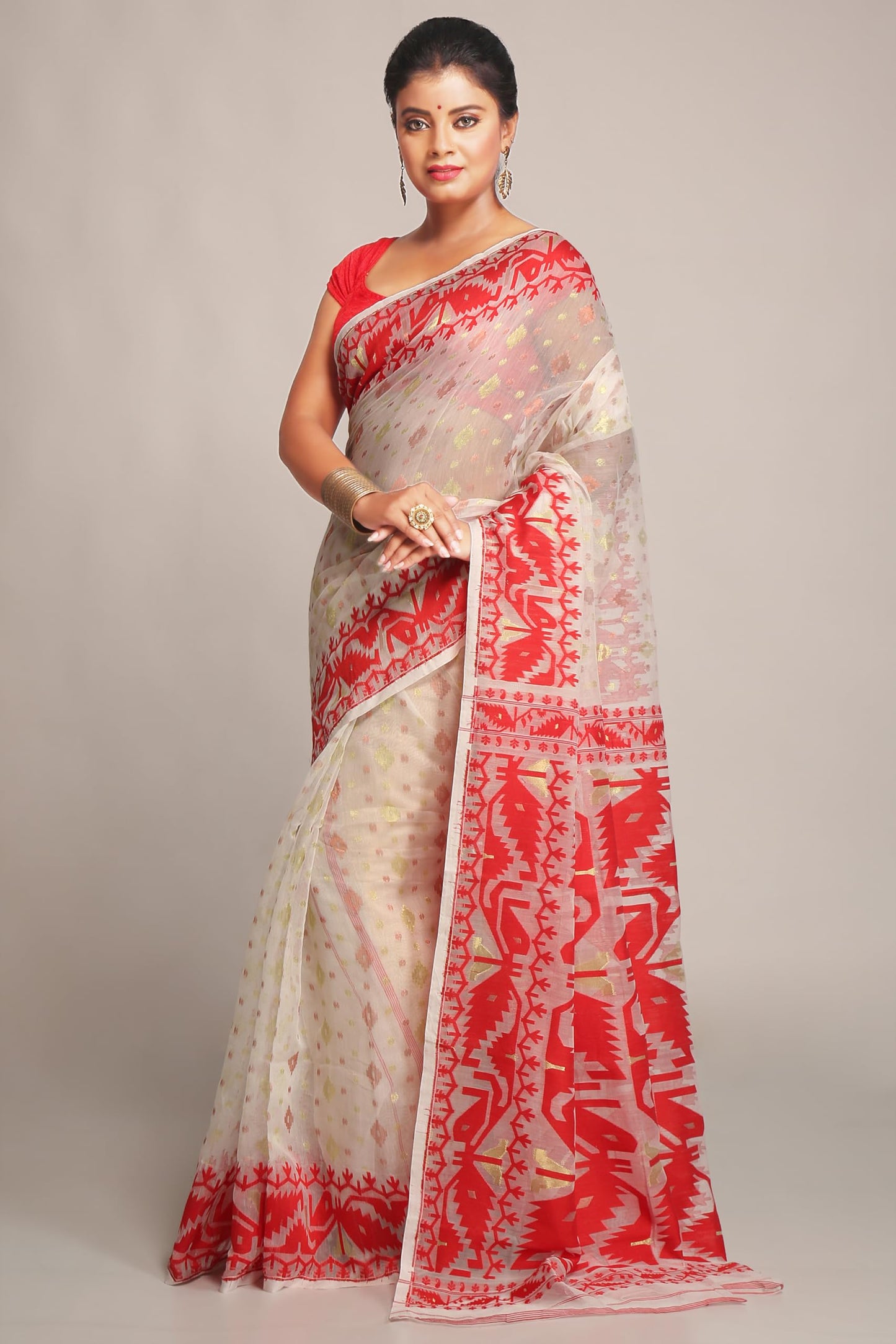 BENGAL HANDLOOM Women'S Cotton Silk Softs Dhakai Jamdani Sarees (White & Red)