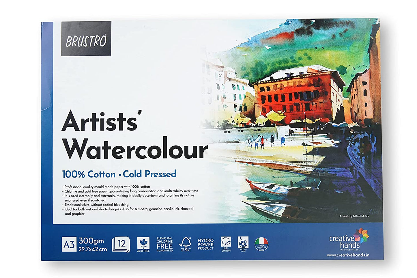 Brustro Artists' Watercolour 100% Cotton 300gsm Cold Pressed Pad, 12 Sheets, Size- A3