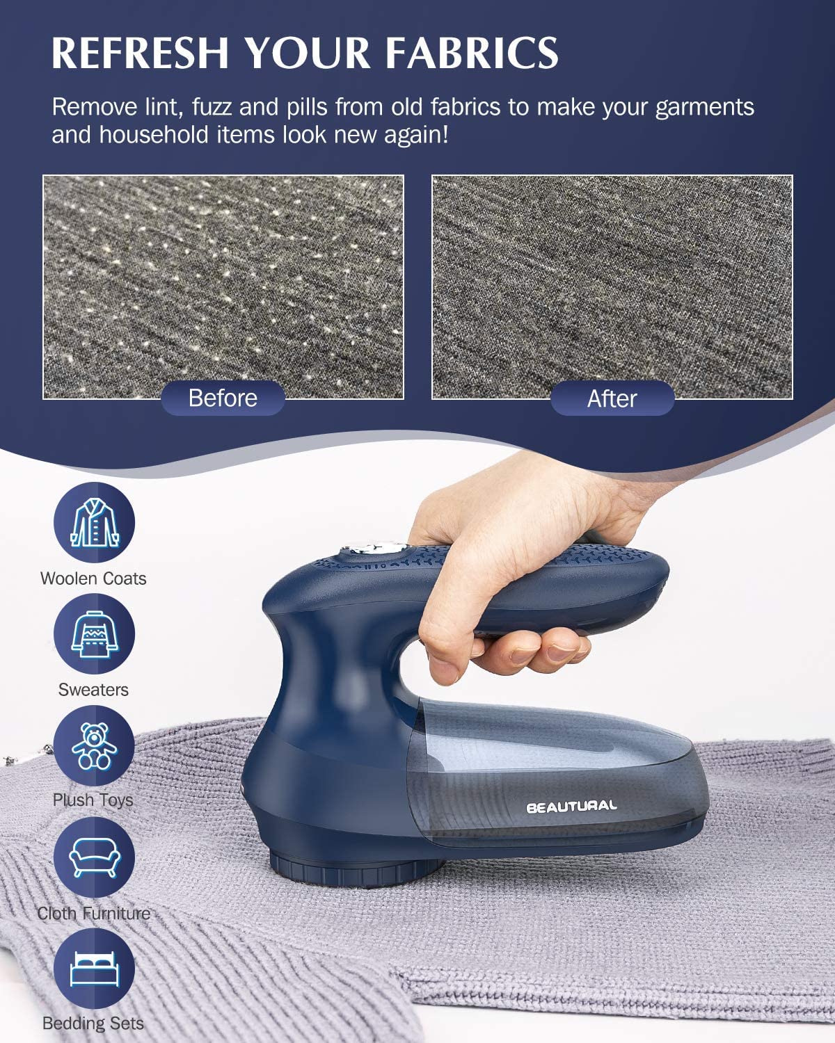 BEAUTURAL Sweater Fabric Shaver Home-Edition, Powerful & Efficient Lint Remover for Clothes and Furniture, AC Adapter or Battery Powered Pill Fuzz Remover Dark Blue