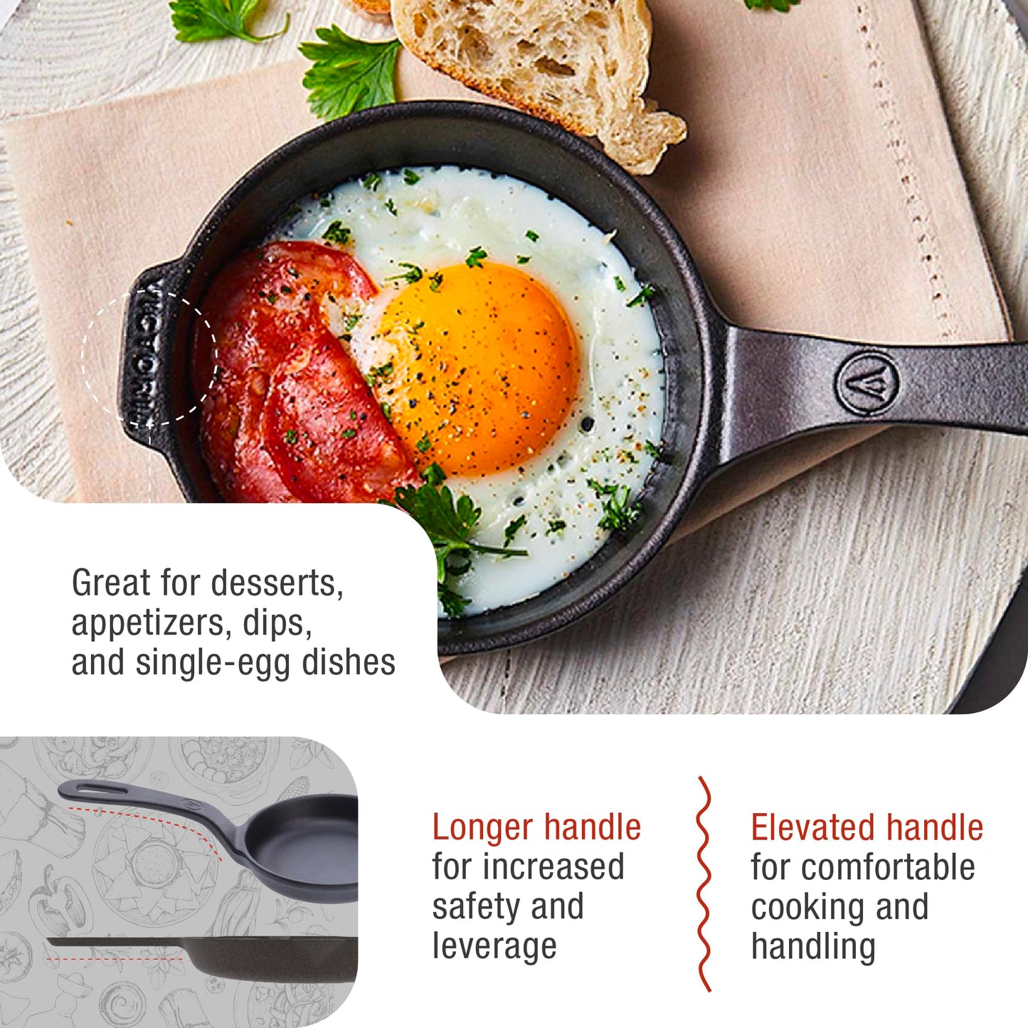 Victoria Mini Skillet Cast Iron Small Frying Pan Seasoned with 100% Kosher Certified Non-GMO Flaxseed Oil, 4.7", Black