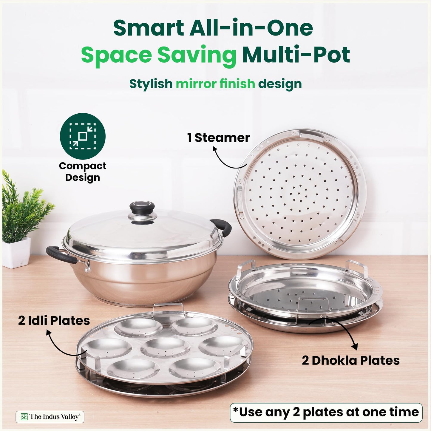 The Indus Valley Stainless Steel Idli Maker/Momo Maker/Multi Kadai/Steamer Set | Large, 5 Plates, 2 Idli | 2 Dhokla | 1 Steamer | 29cm/11.3 inch, 4.2Ltr, 2.5kg | 3-Layer Thick Bottom | Induction friendly