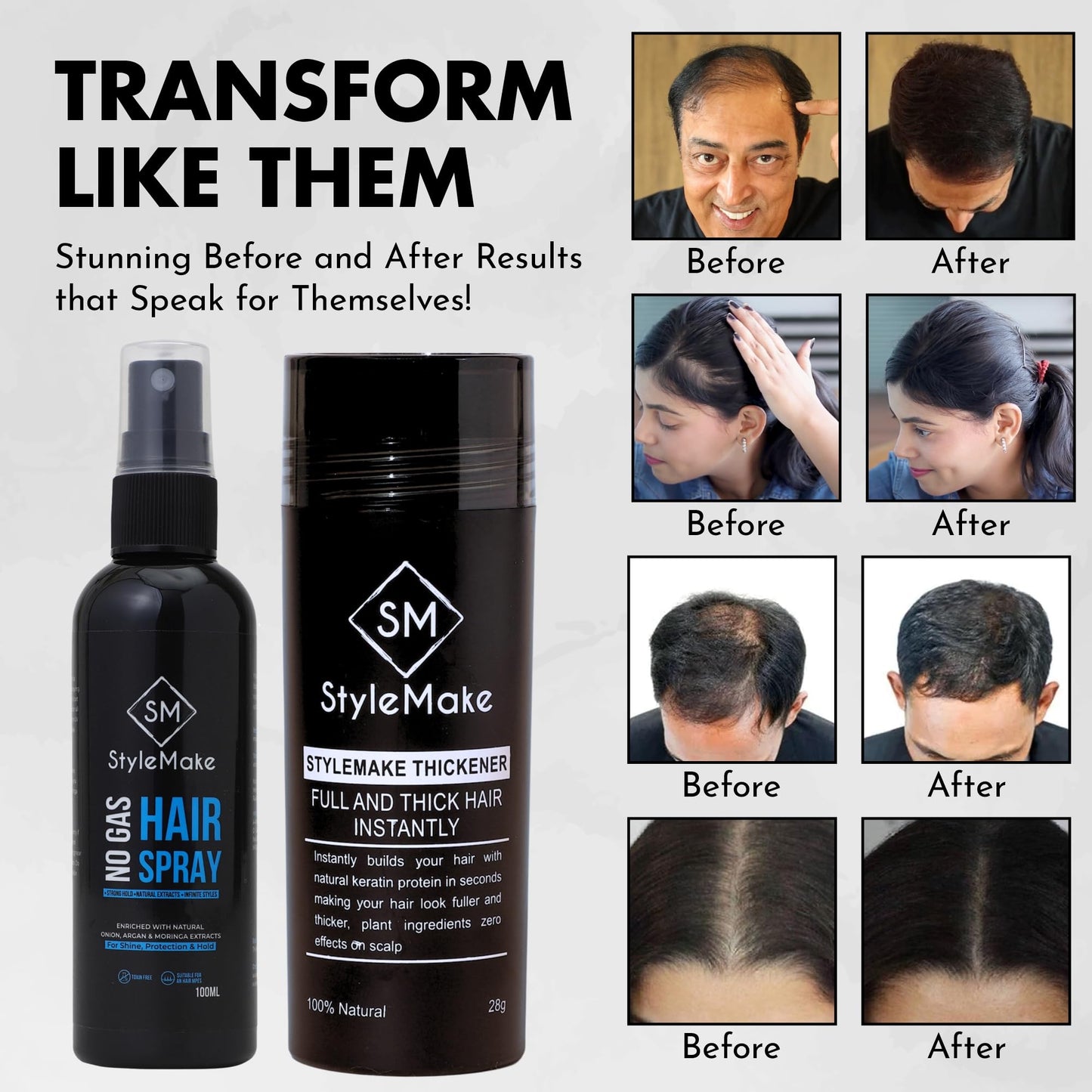 STYLEMAKE Thickener Hair Loss Concealer With Hair Spray - Hair Building Fibers - Hair Fibers For Thin & Fine Hair - Hair Thickening Fibers For Men & Women- Combo Pack (Black) -28 Grams