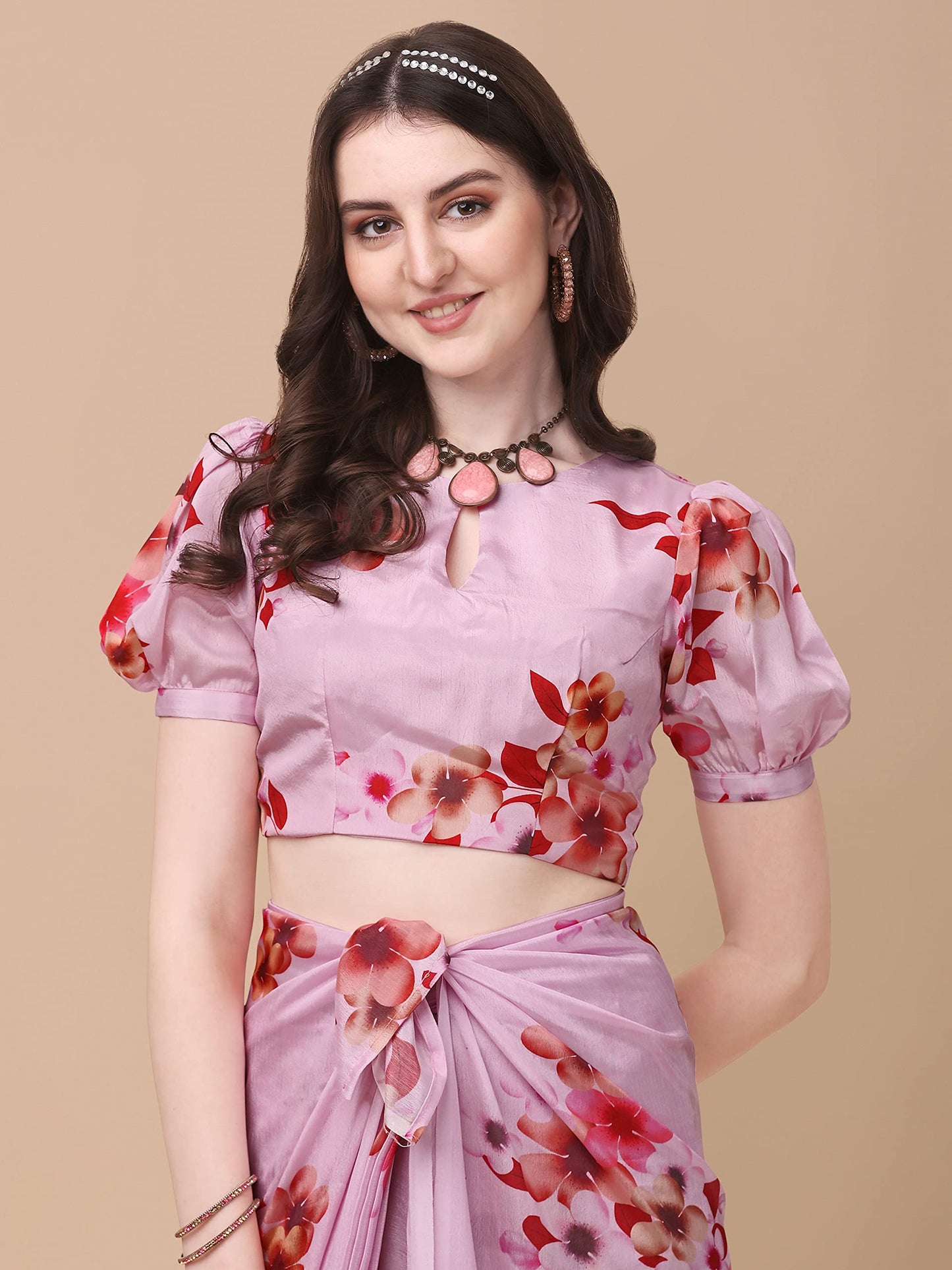 Sidhidata Women's Chifon Georgette Printed Ready To Wear Draped Saree With Unstitched Blouse Piece (Mogra Pink_Pink_Free Size)