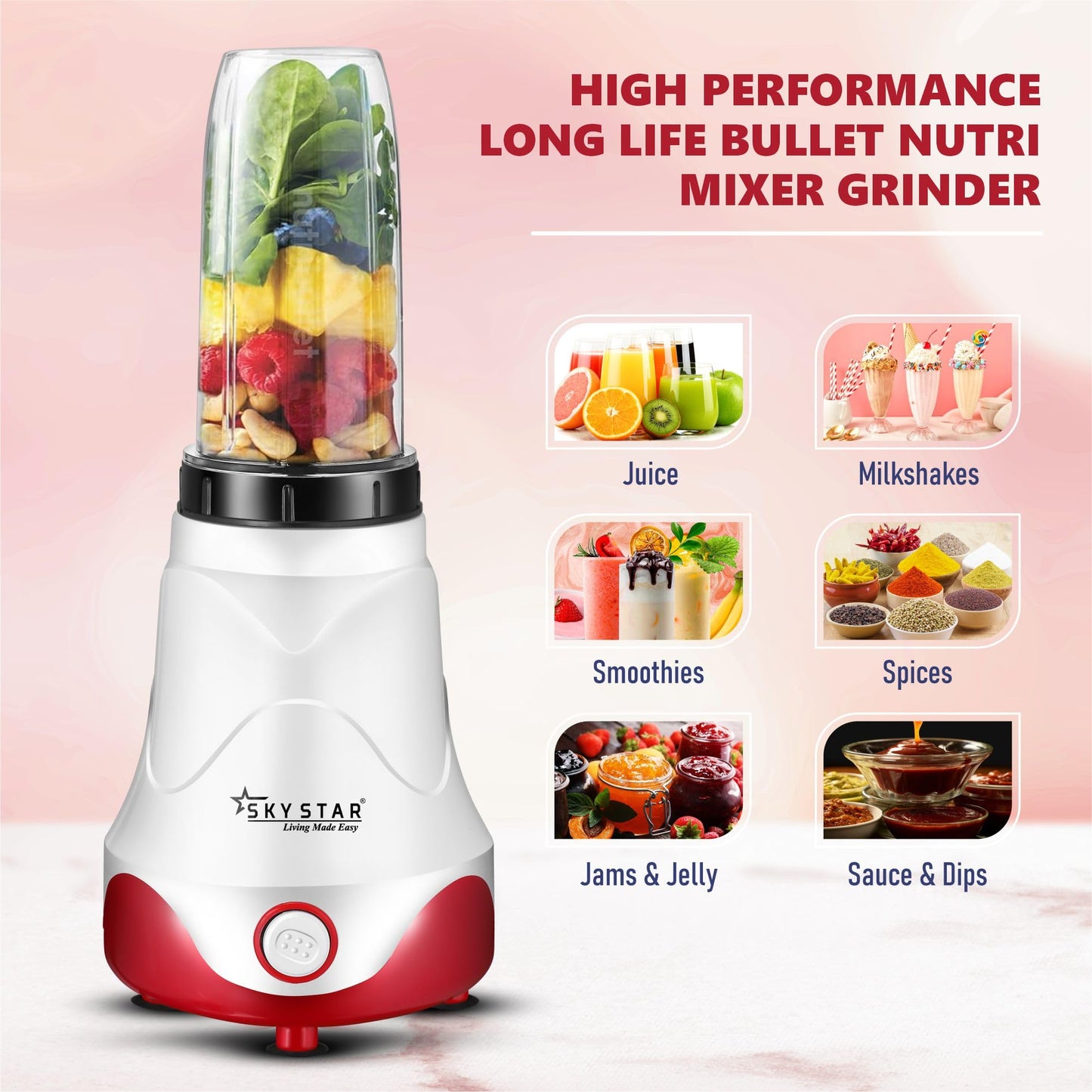 skystar Nutri-Blender Pro 100% Copper Motor With 2 Unbreakable Jars & 1 Blade Juicer Mixer Grinder (2 Jars, White, Red) & 18 Months Motor Warranty, 750 Watts