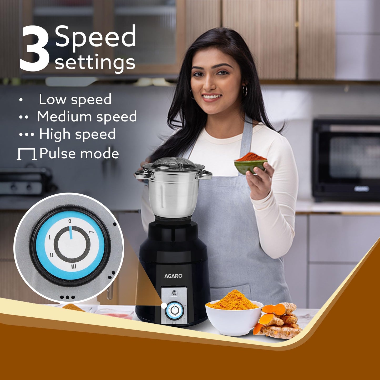 AGARO Grand Commercial Mixer Grinder 1400W, Heavy Duty, 100% Pure Copper Motor, Stainless Steel Jar, 3 Speed with Incher, Stainless Steel Blades, Wet & Dry Grinding, Black & Grey